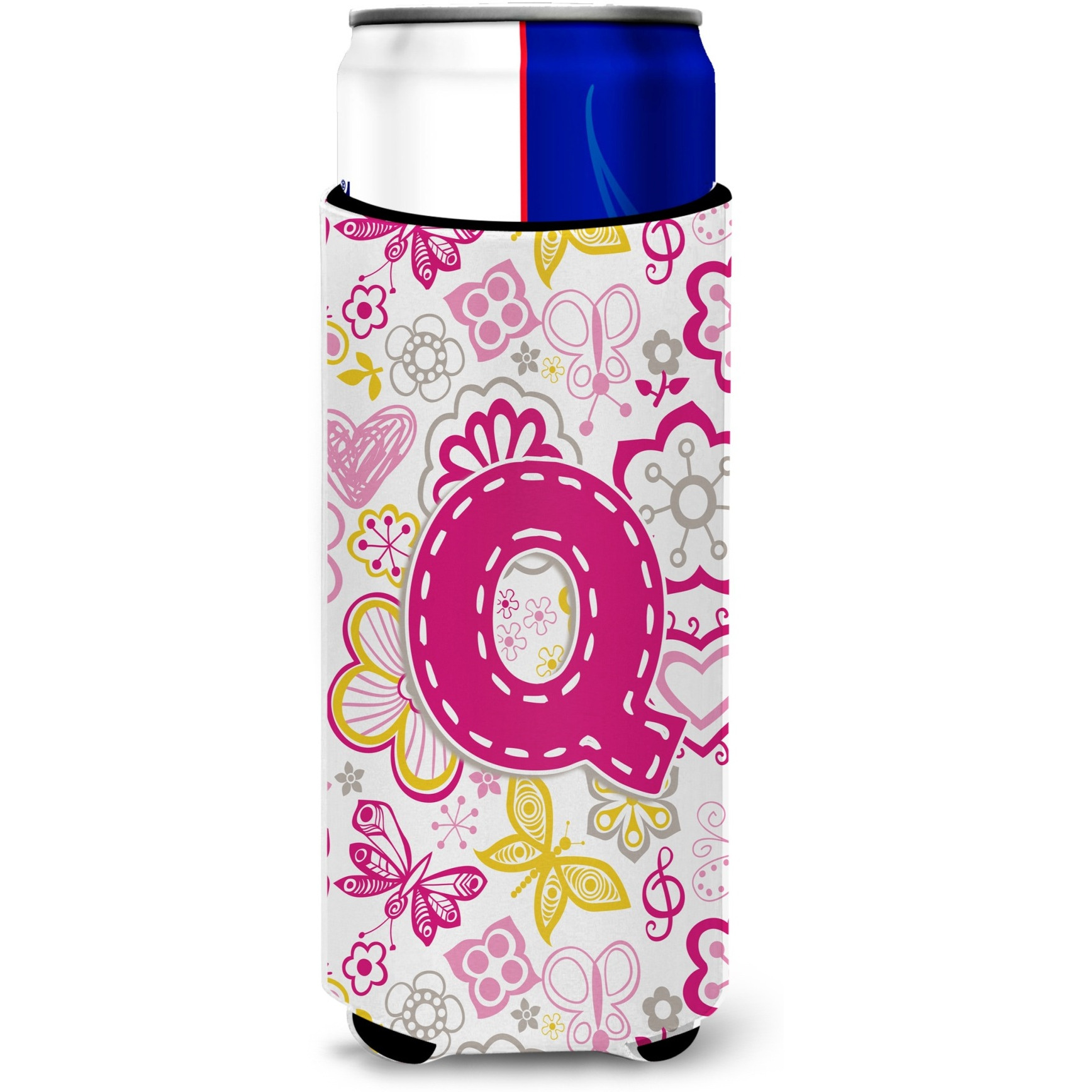 Letter Q Flowers and Butterflies Pink Ultra Beverage Insulators for slim cans CJ2005-QMUK