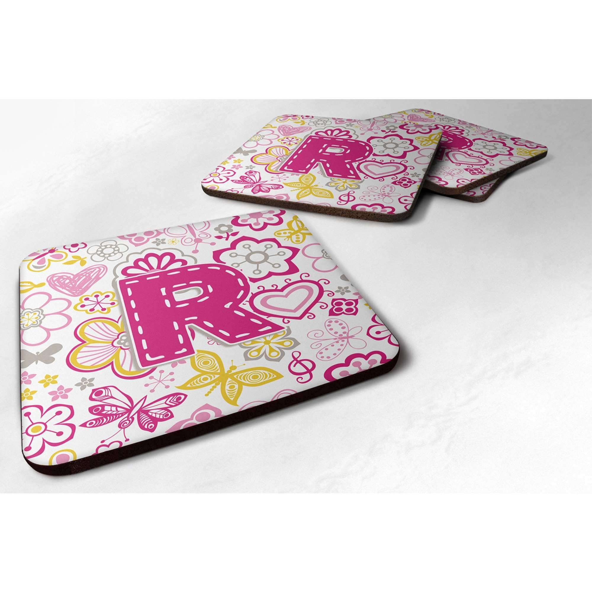 &quotCaroline's Treasures CJ2005-RFC Letter R Flowers and Butterflies Pink Foam Coasters (Set of 4), 3.5"", Multicolor"