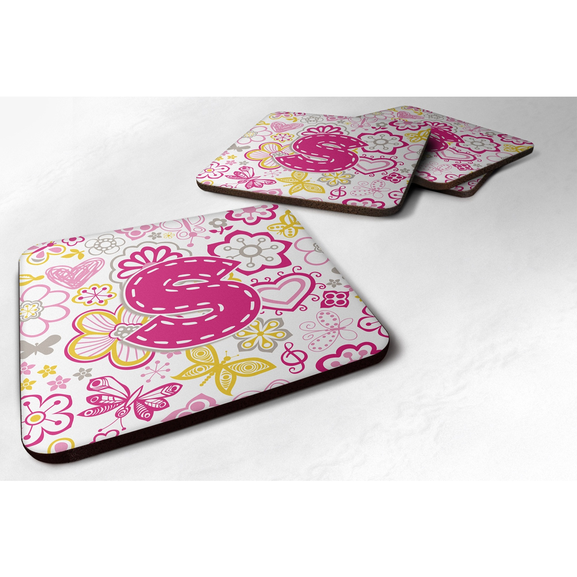 &quotCaroline's Treasures CJ2005-SFC Letter S Flowers and Butterflies Pink Foam Coasters (Set of 4), 3.5"", Multicolor"