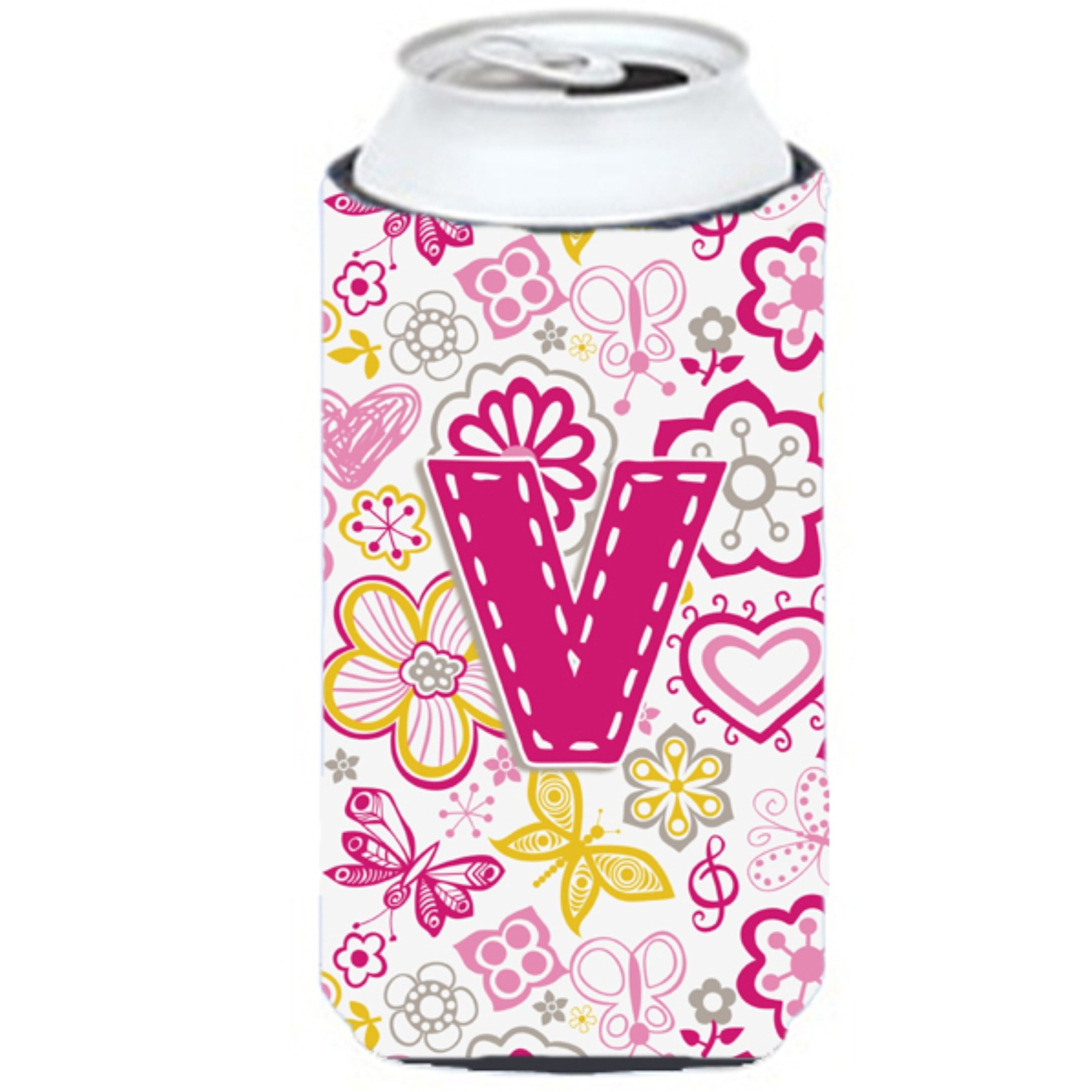 Letter V Flowers and Butterflies Pink Tall Boy Beverage Insulator Hugger CJ2005-VTBC