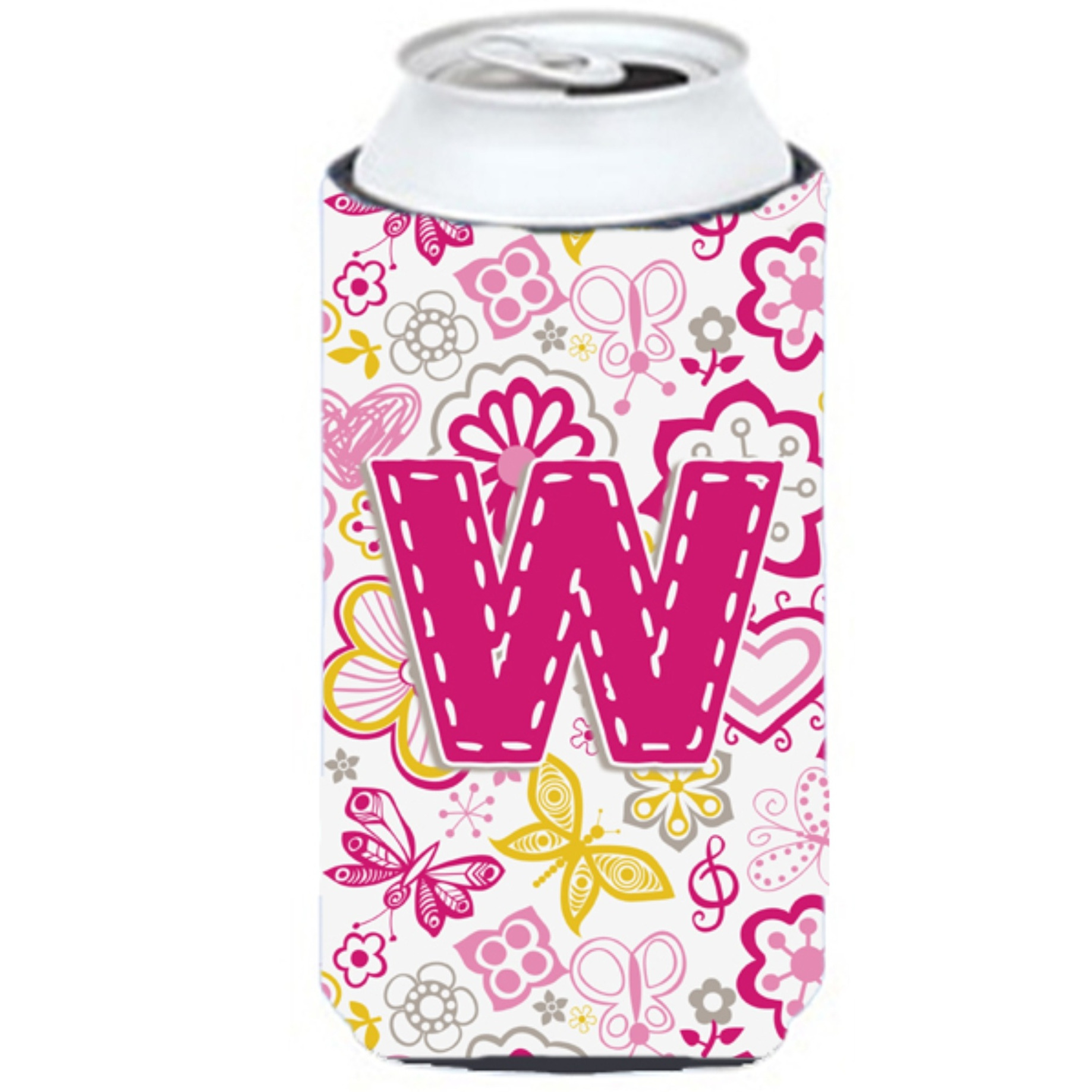 Letter W Flowers and Butterflies Pink Tall Boy Beverage Insulator Hugger CJ2005-WTBC