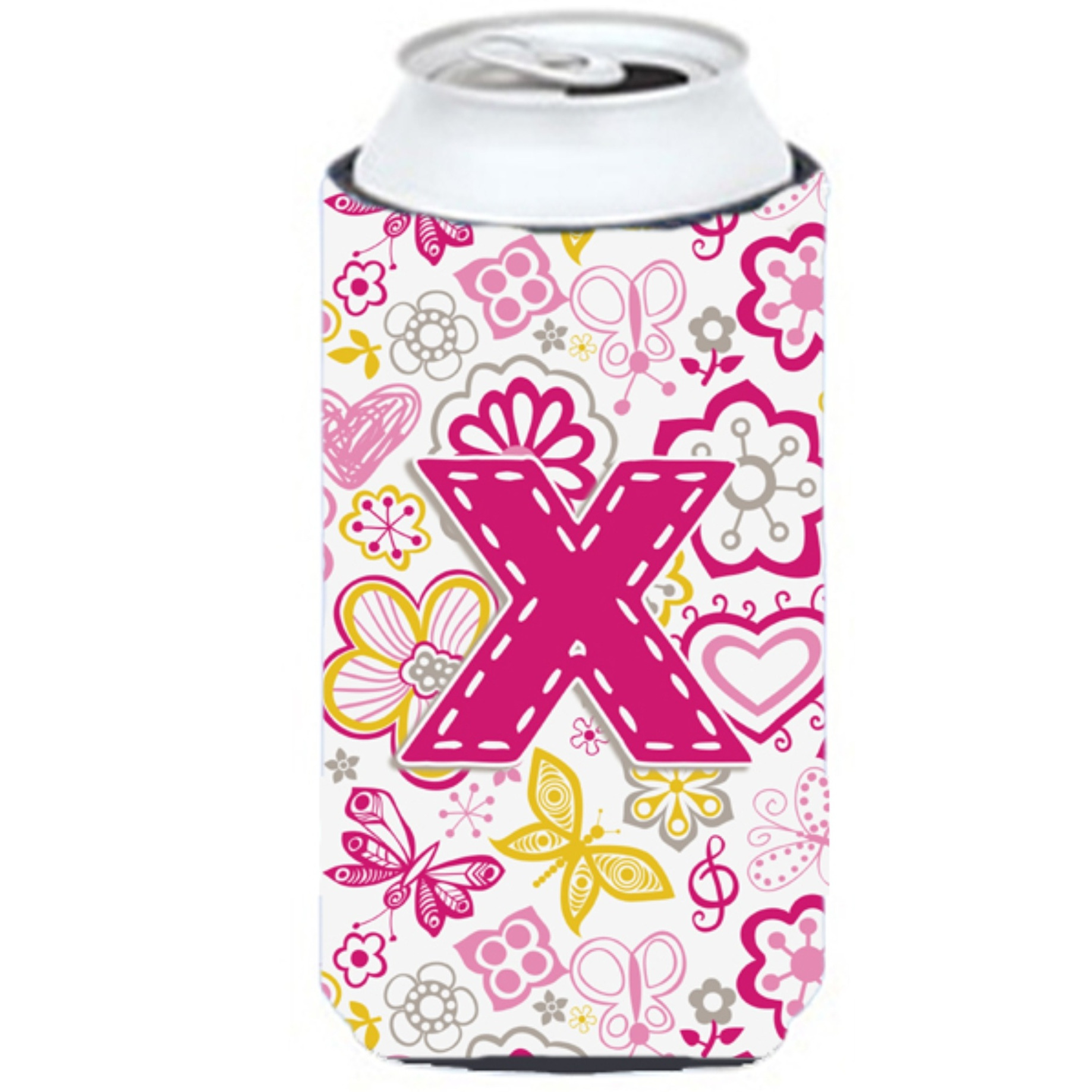 Letter X Flowers and Butterflies Pink Tall Boy Beverage Insulator Hugger CJ2005-XTBC