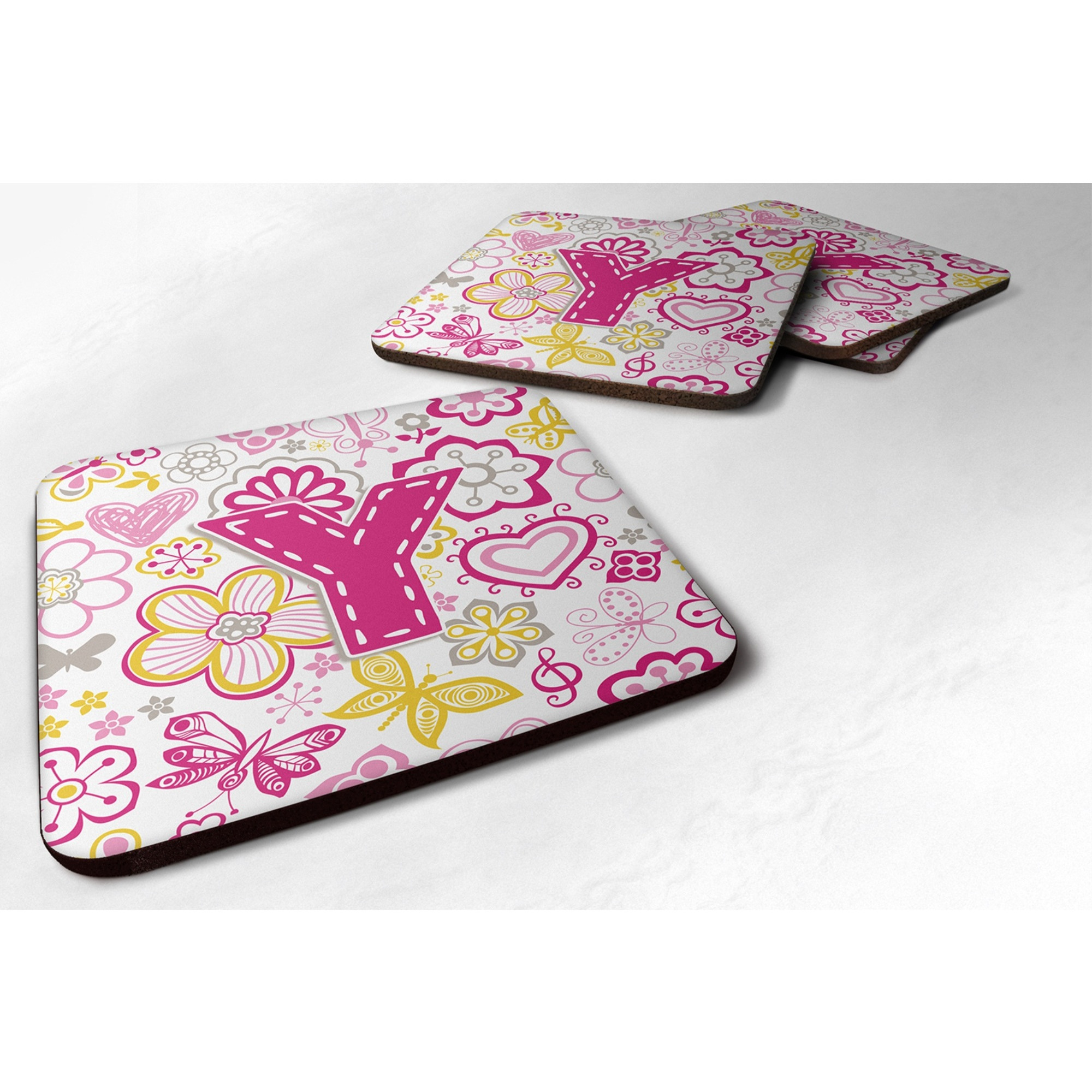 &quotCaroline's Treasures CJ2005-YFC Letter Y Flowers and Butterflies Pink Foam Coasters (Set of 4), 3.5"", Multicolor"