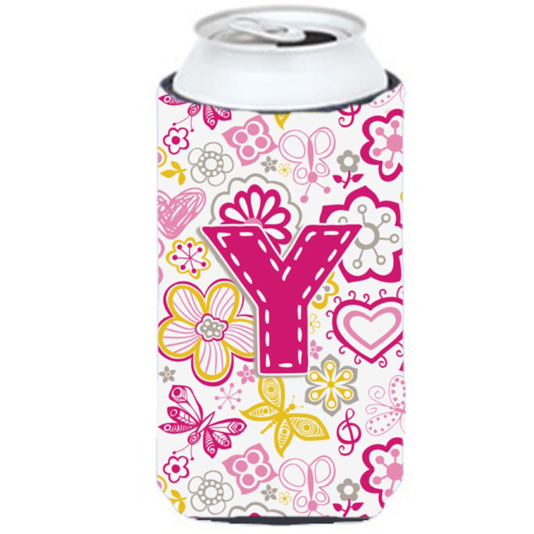 Letter Y Flowers and Butterflies Pink Tall Boy Beverage Insulator Hugger CJ2005-YTBC