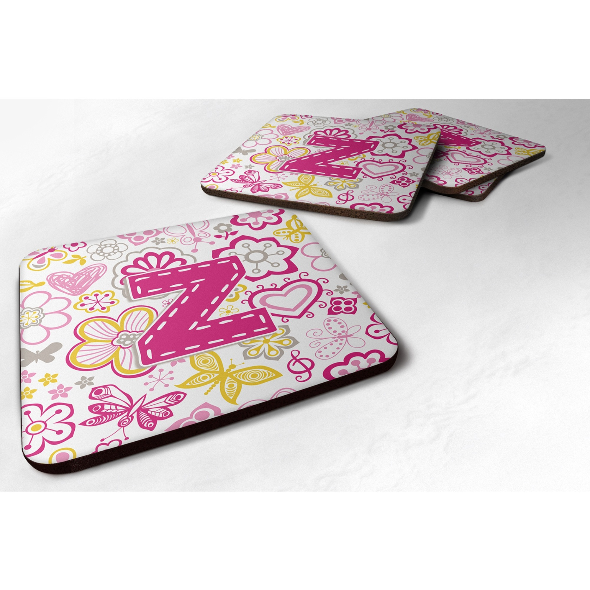 &quotCaroline's Treasures CJ2005-ZFC Letter Z Flowers and Butterflies Pink Foam Coasters (Set of 4), 3.5"", Multicolor"