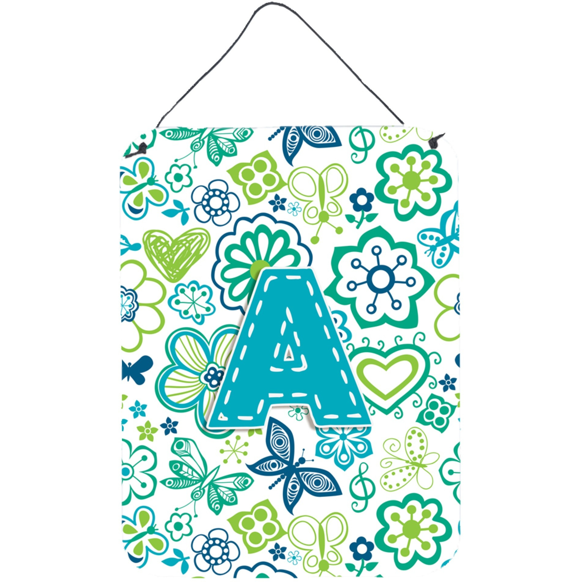 &quotCaroline's Treasures CJ2006-ADS1216 Letter A Flowers and Butterflies Teal Blue Wall or Door Hanging Prints, 16 x 12"", Multicolor"