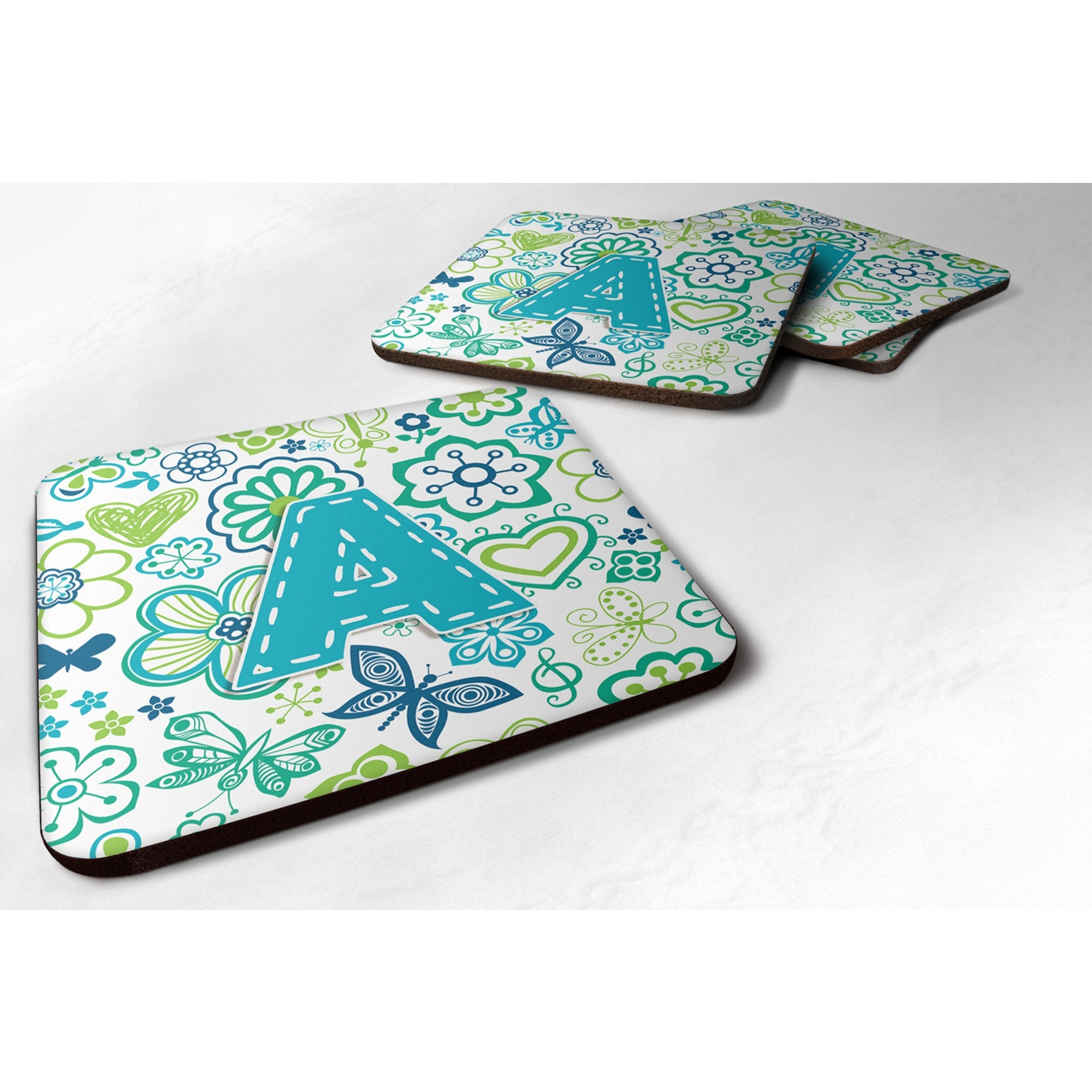 &quotCaroline's Treasures CJ2006-AFC Letter A Flowers and Butterflies Teal Blue Foam Coasters (Set of 4), 3.5"", Multicolor"