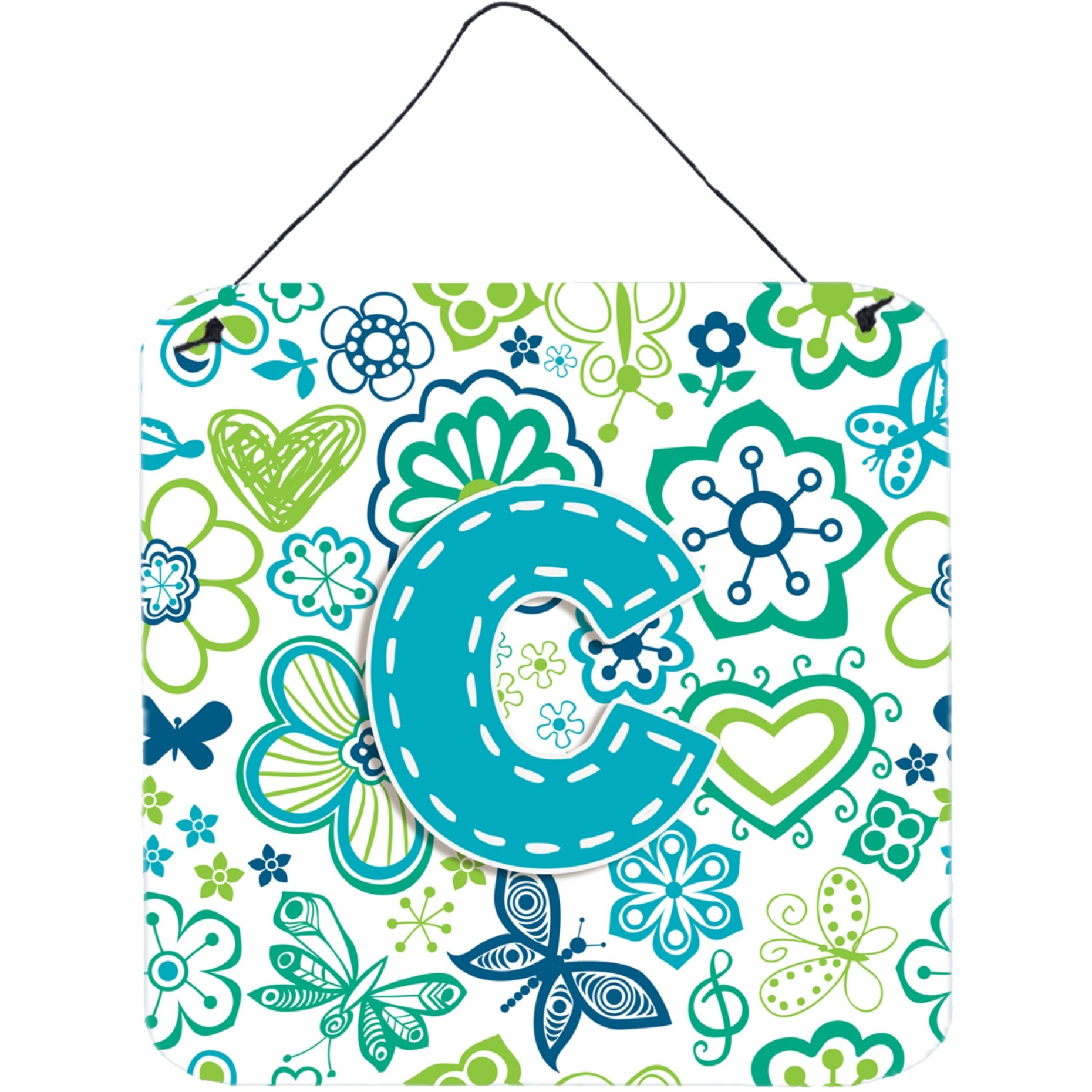 &quotCaroline's Treasures Letter C Flowers and Butterflies Teal Blue Wall or Door Hanging Prints, 6 x 6"""