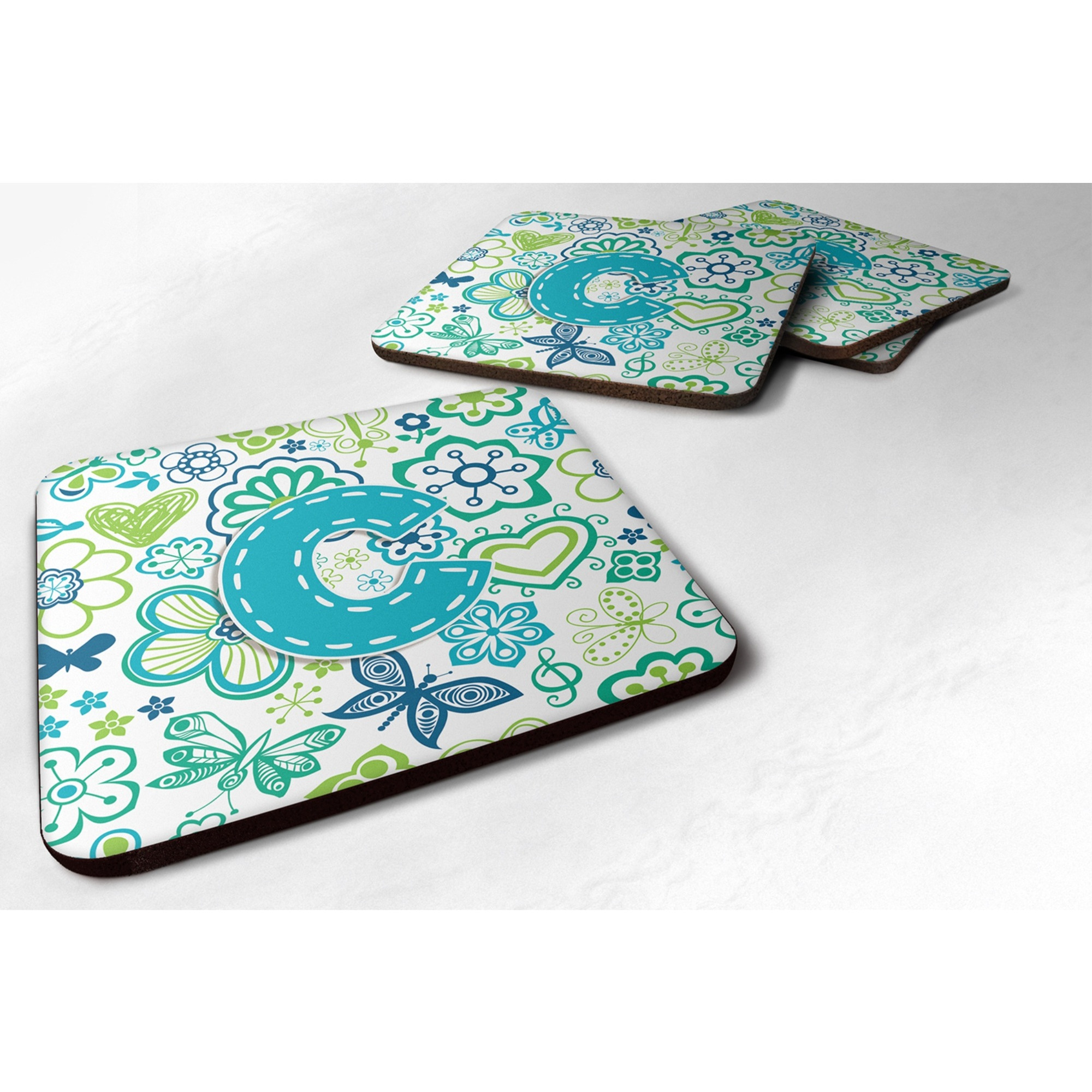 &quotCaroline's Treasures CJ2006-CFC Letter C Flowers and Butterflies Teal Blue Foam Coasters (Set of 4), 3.5"", Multicolor"
