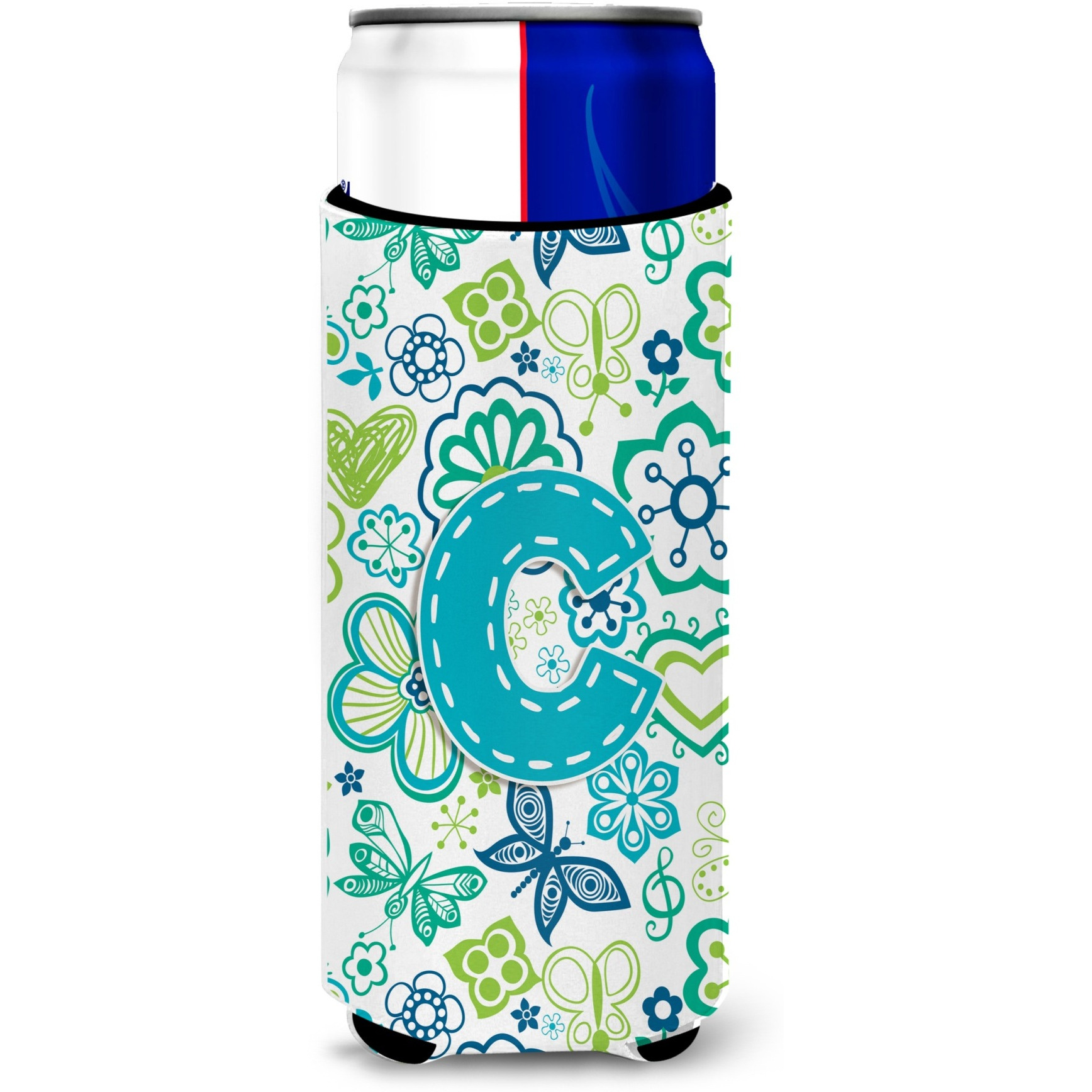 Letter C Flowers and Butterflies Teal Blue Ultra Beverage Insulators for slim cans CJ2006-CMUK