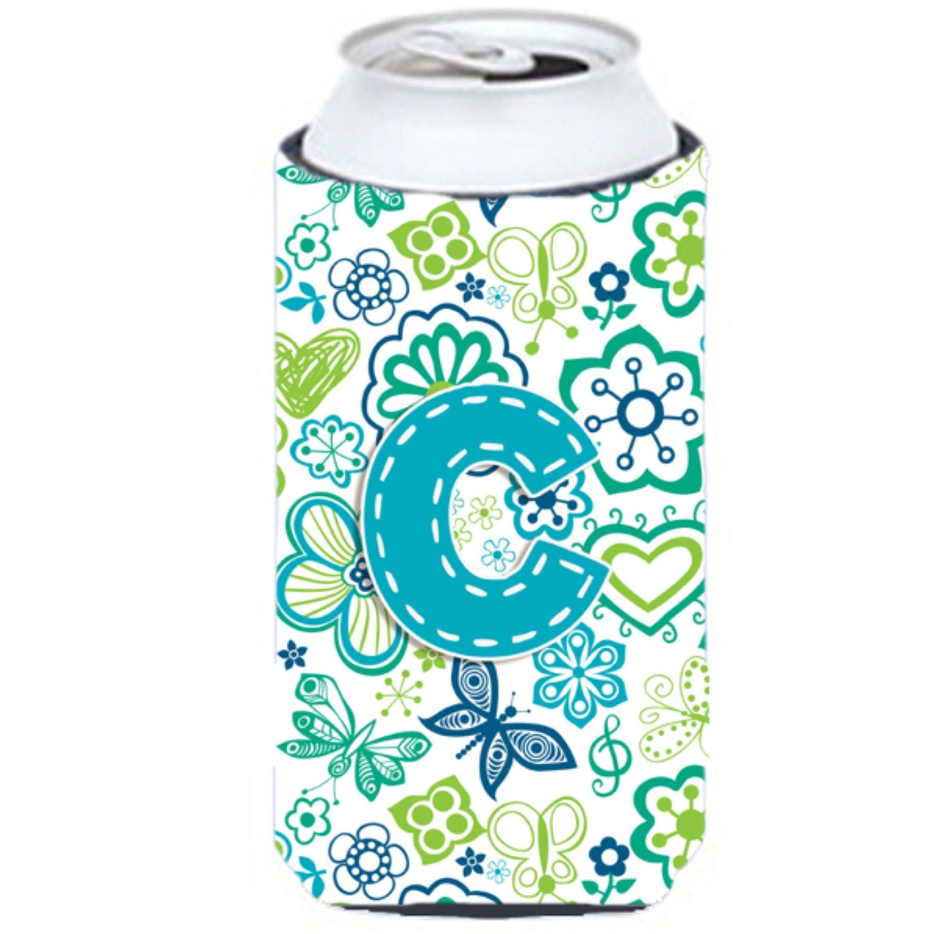 Letter C Flowers and Butterflies Teal Blue Tall Boy Beverage Insulator Hugger CJ2006-CTBC