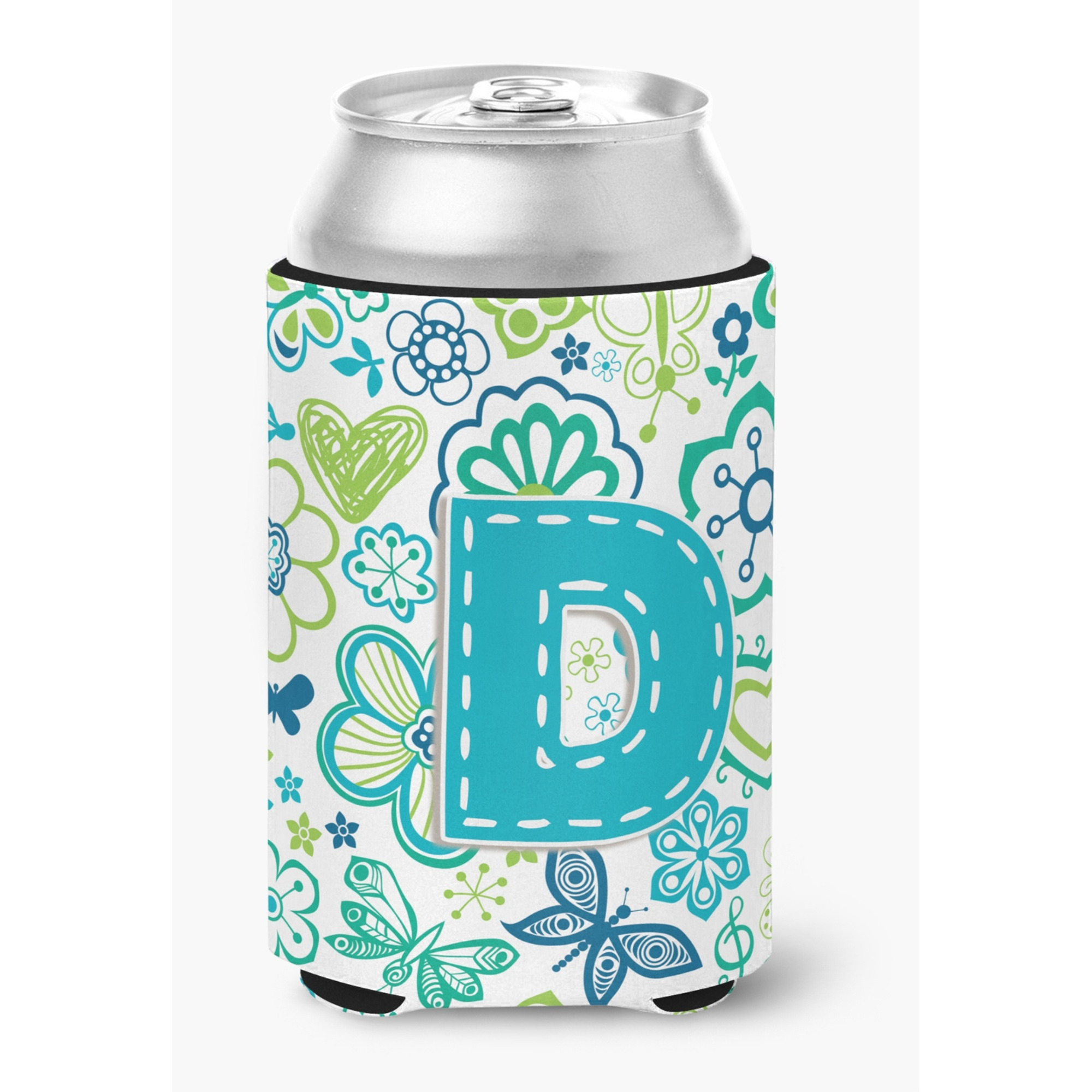 Letter D Flowers and Butterflies Teal Blue Can or Bottle Hugger CJ2006-DCC
