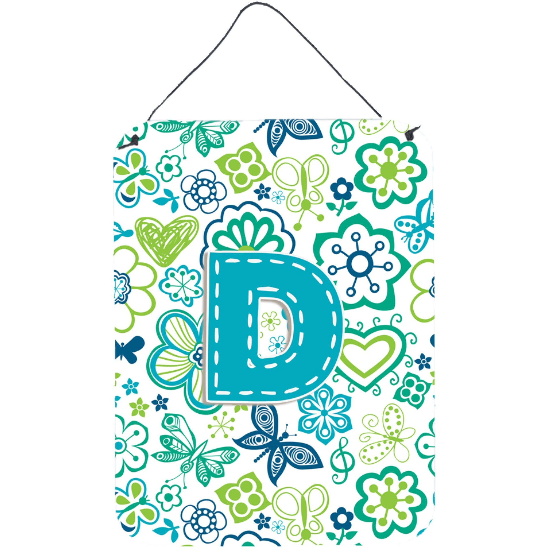 &quotCaroline's Treasures CJ2006-DDS1216 Letter D Flowers and Butterflies Teal Blue Wall or Door Hanging Prints, 16 x 12"", Multicolor"