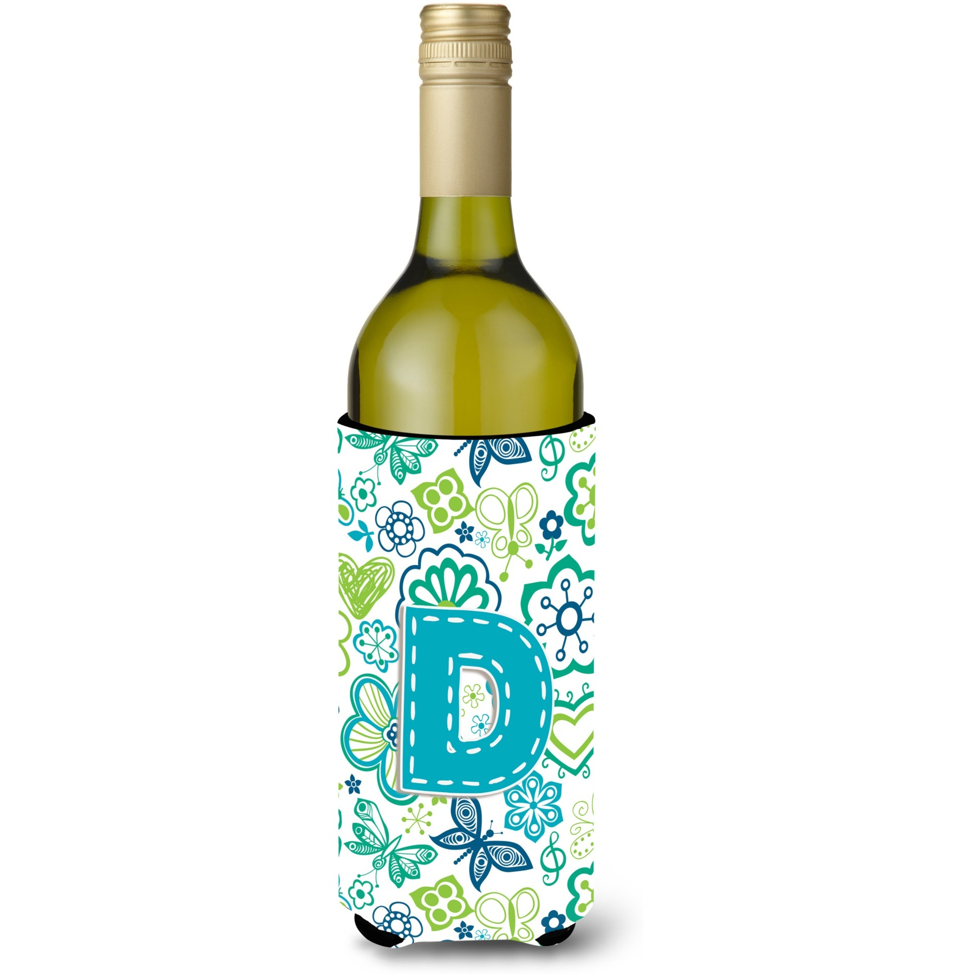 Letter D Flowers and Butterflies Teal Blue Wine Bottle Beverage Insulator Hugger CJ2006-DLITERK