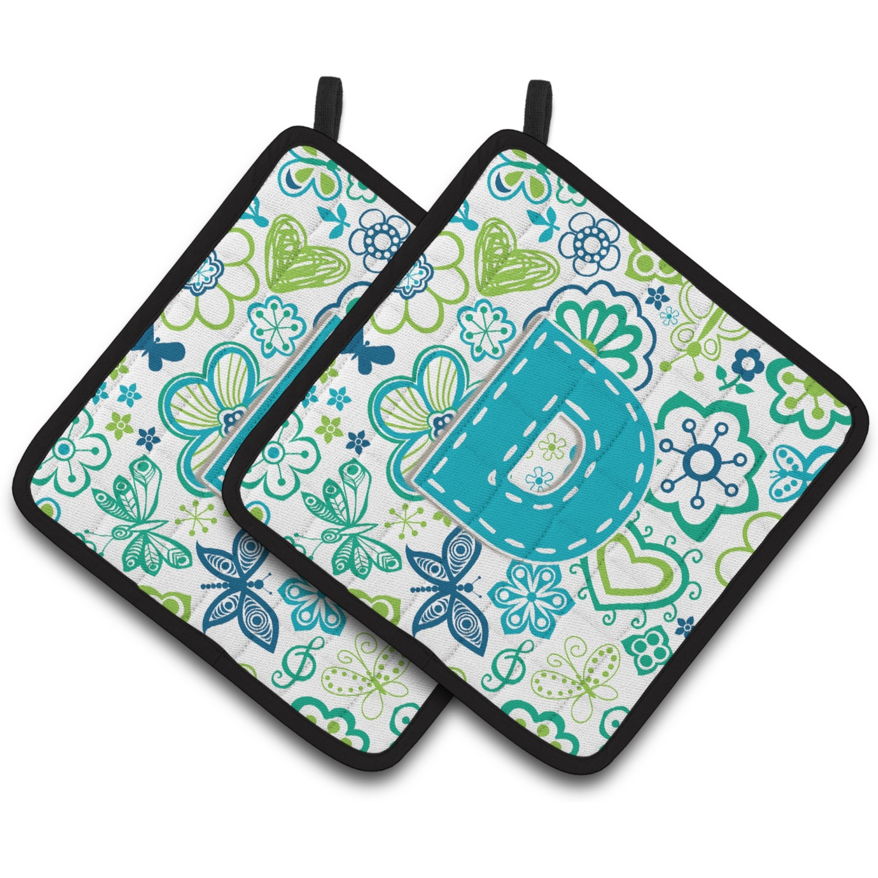 &quotCaroline's Treasures Letter D Flowers & Butterflies Teal Blue Pair of Pot Holders CJ2006-DPTHD, 7.5HX7.5W, Multicolor"
