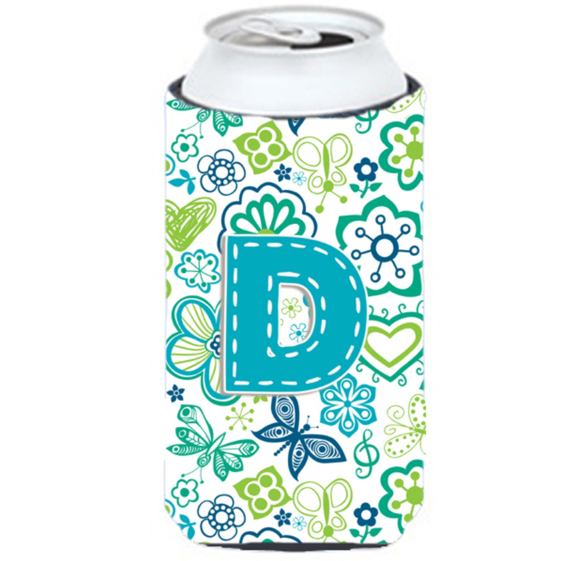 Letter D Flowers and Butterflies Teal Blue Tall Boy Beverage Insulator Hugger CJ2006-DTBC