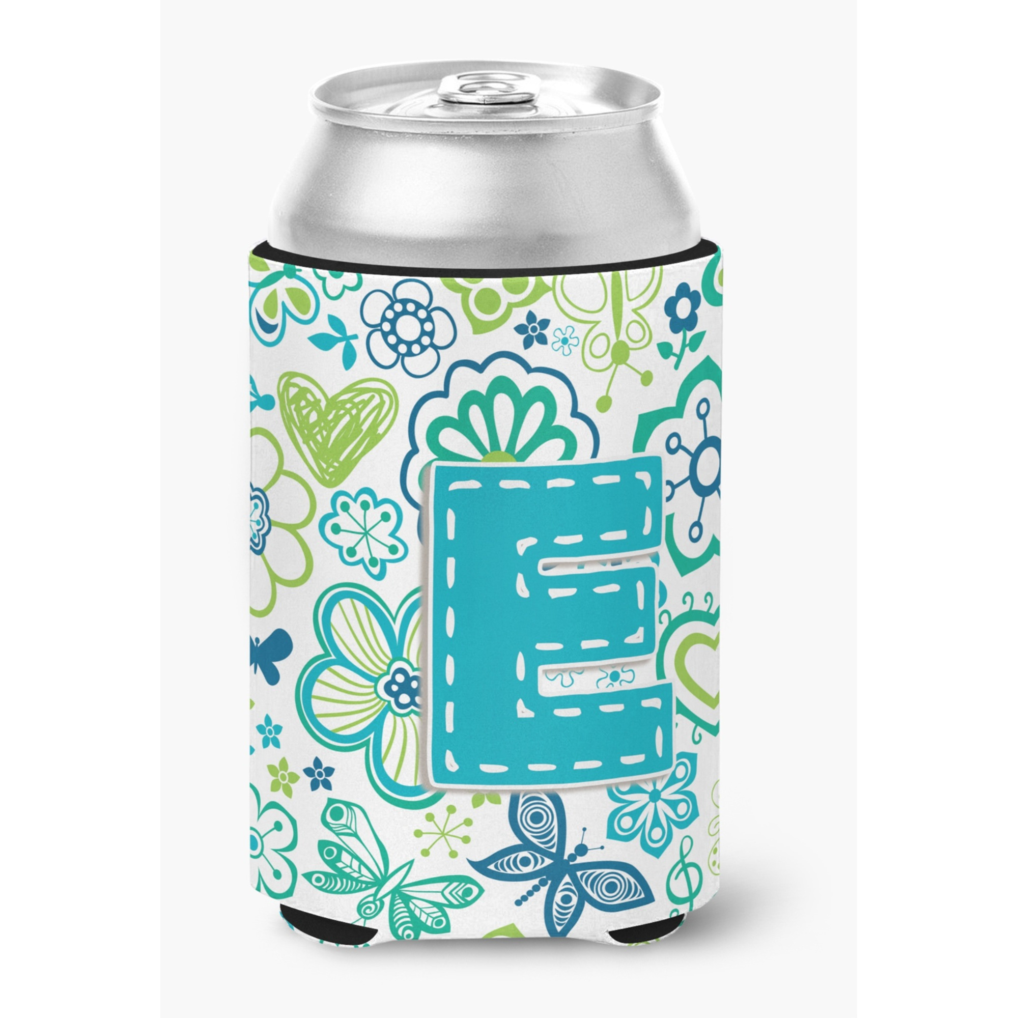 Letter E Flowers and Butterflies Teal Blue Can or Bottle Hugger CJ2006-ECC