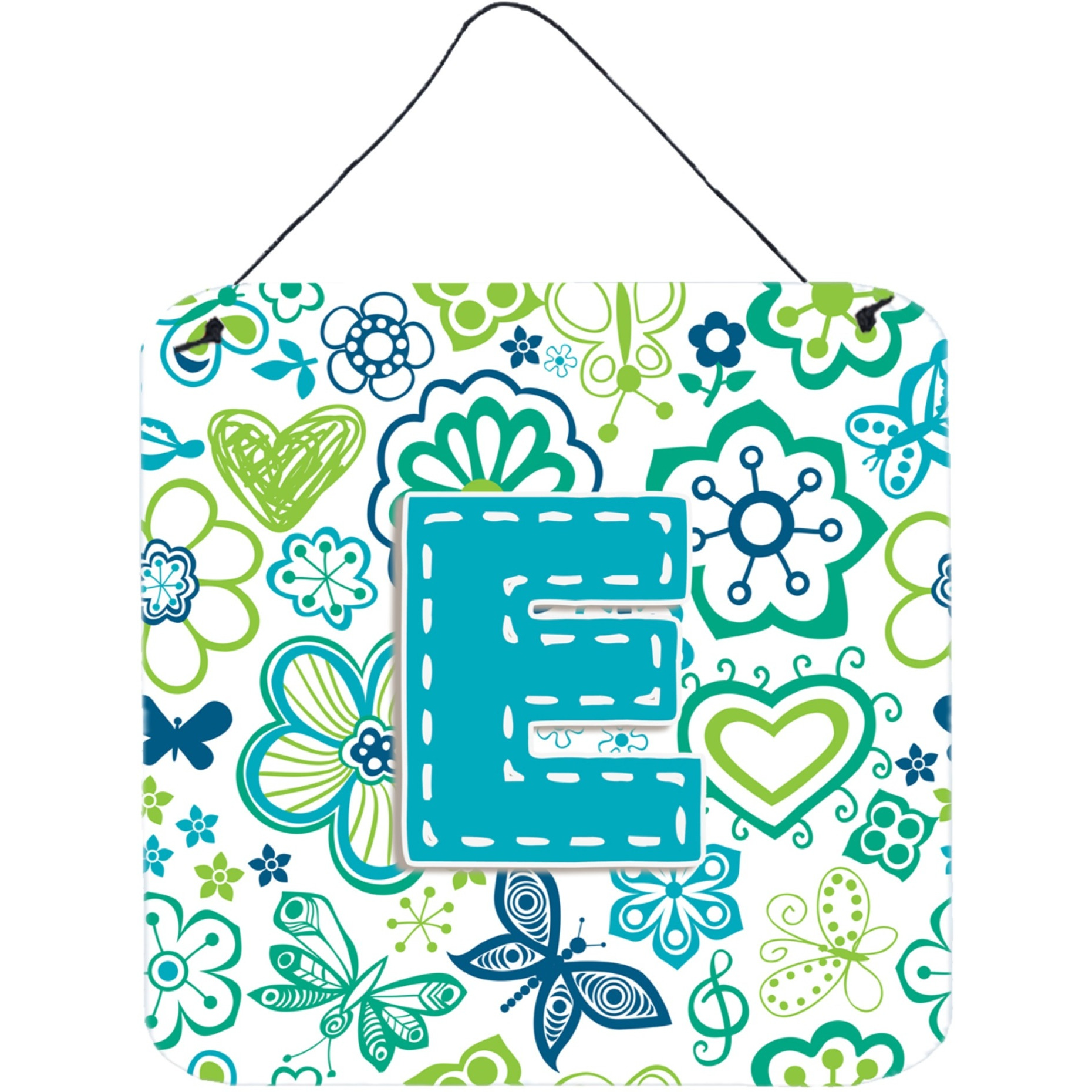 &quotCaroline's Treasures Letter E Flowers and Butterflies Teal Blue Wall or Door Hanging Prints, 6 x 6"""