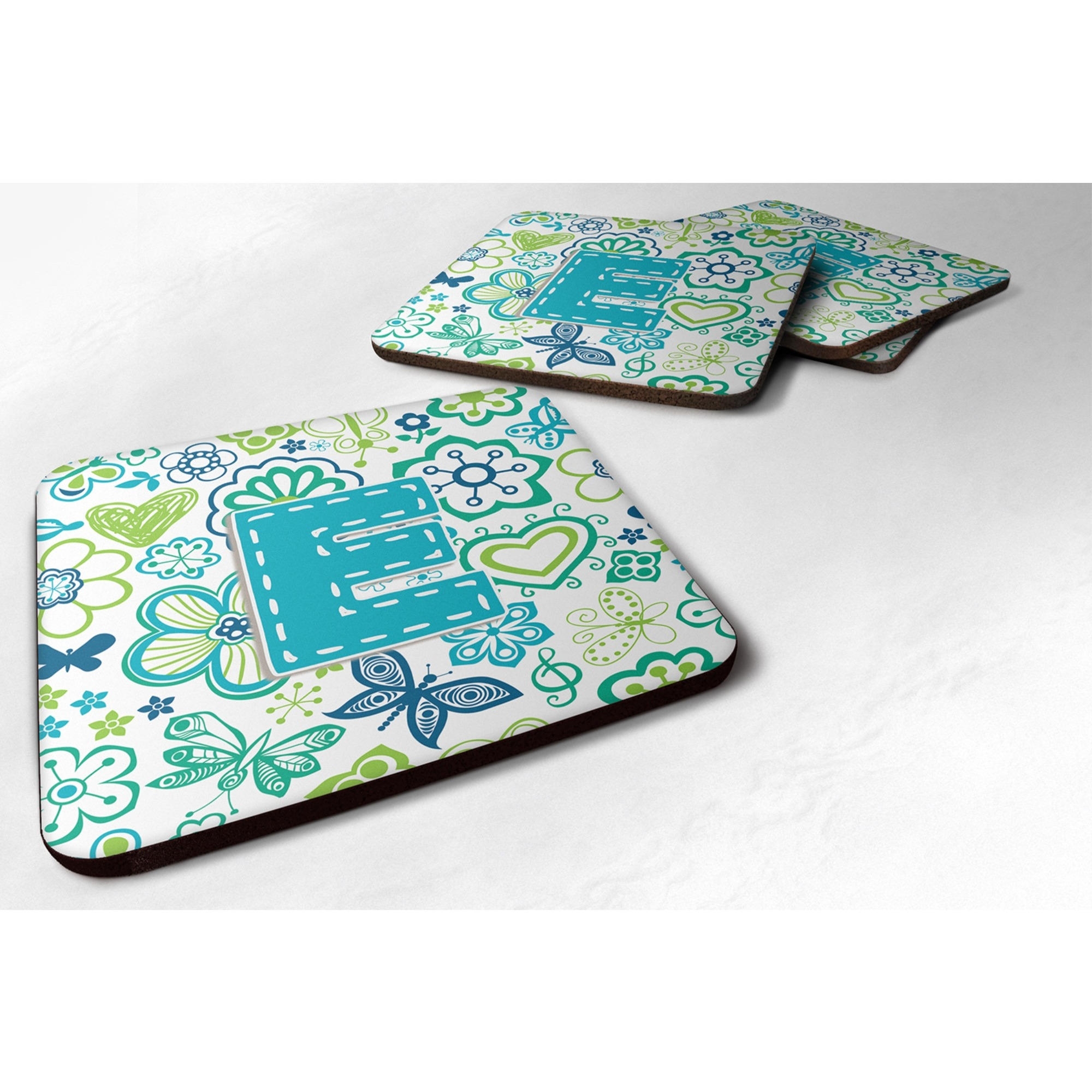 &quotCaroline's Treasures CJ2006-EFC Letter E Flowers and Butterflies Teal Blue Foam Coasters (Set of 4), 3.5"", Multicolor"