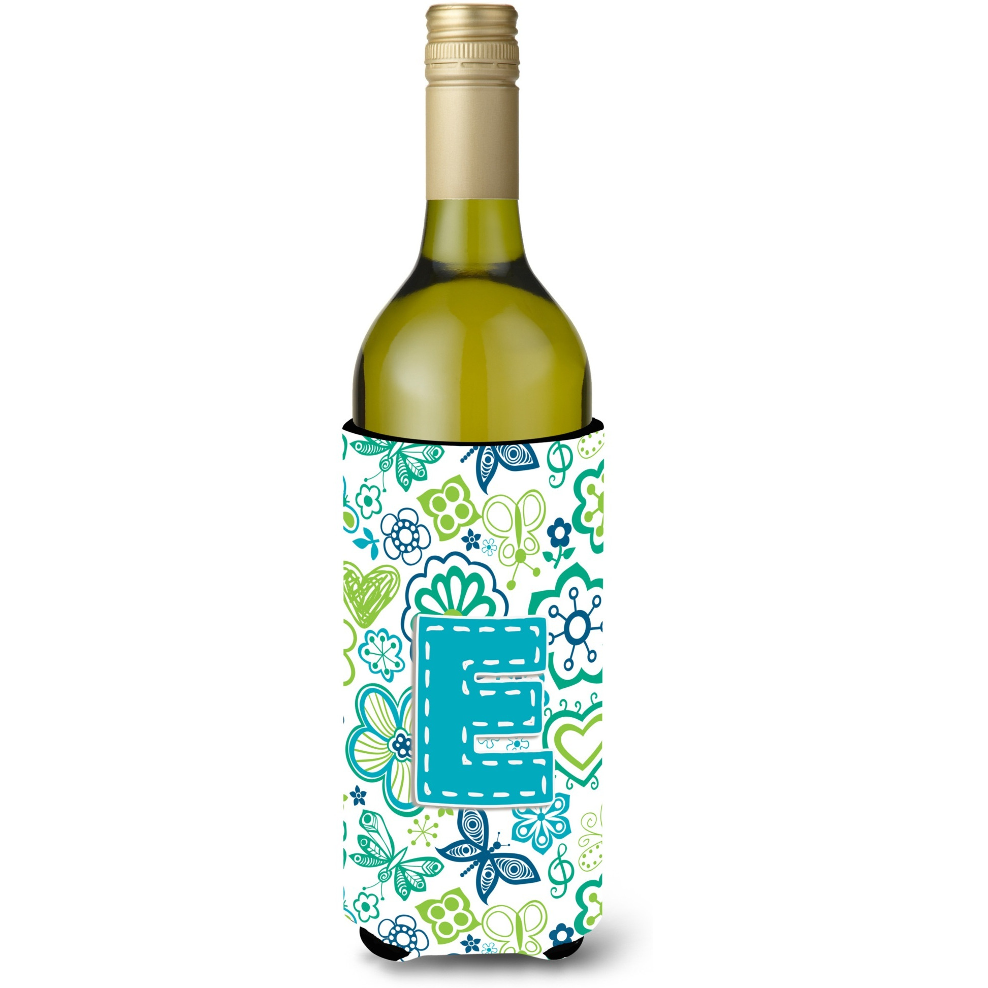 Letter E Flowers and Butterflies Teal Blue Wine Bottle Beverage Insulator Hugger CJ2006-ELITERK