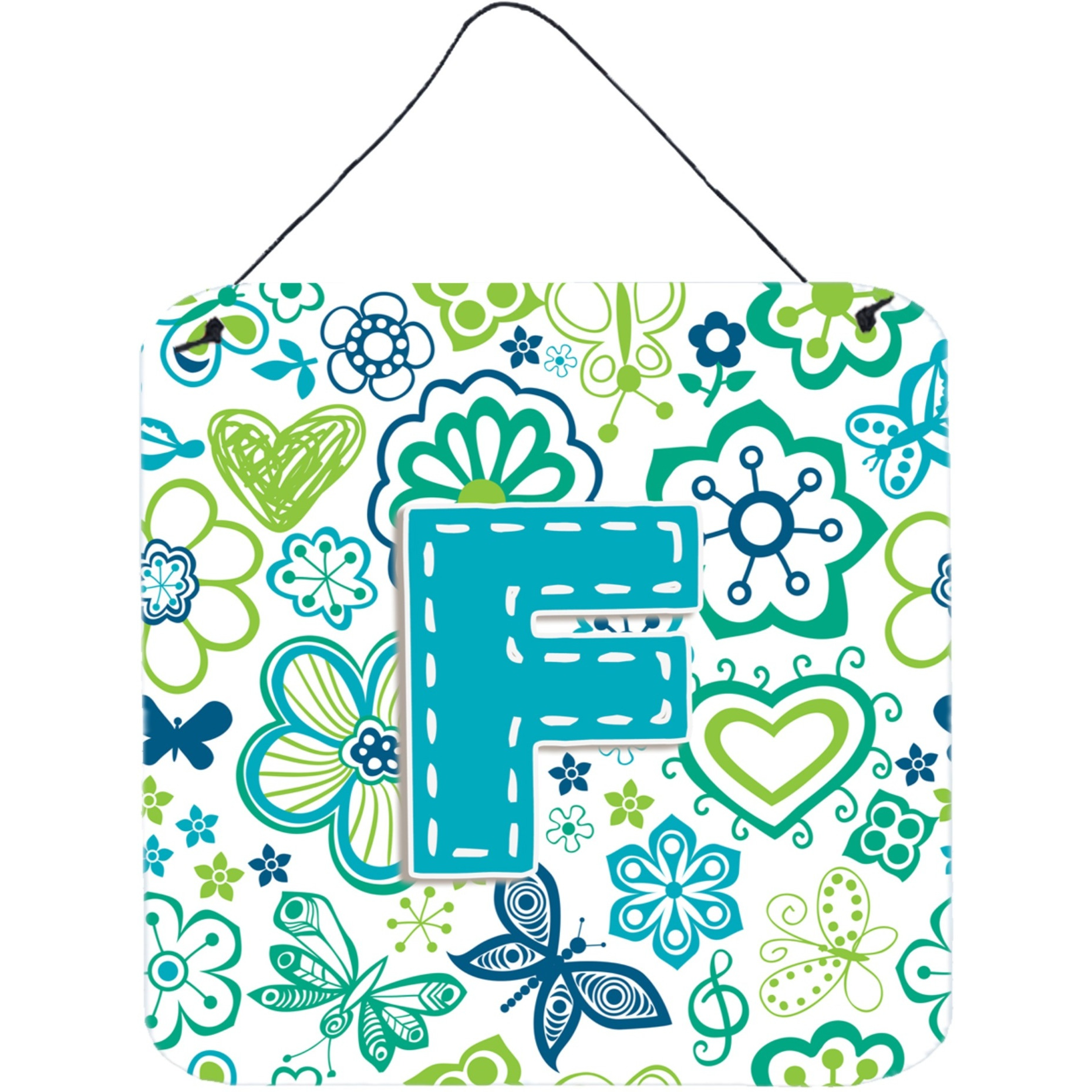 &quotCaroline's Treasures Letter F Flowers and Butterflies Teal Blue Wall or Door Hanging Prints, 6 x 6"""