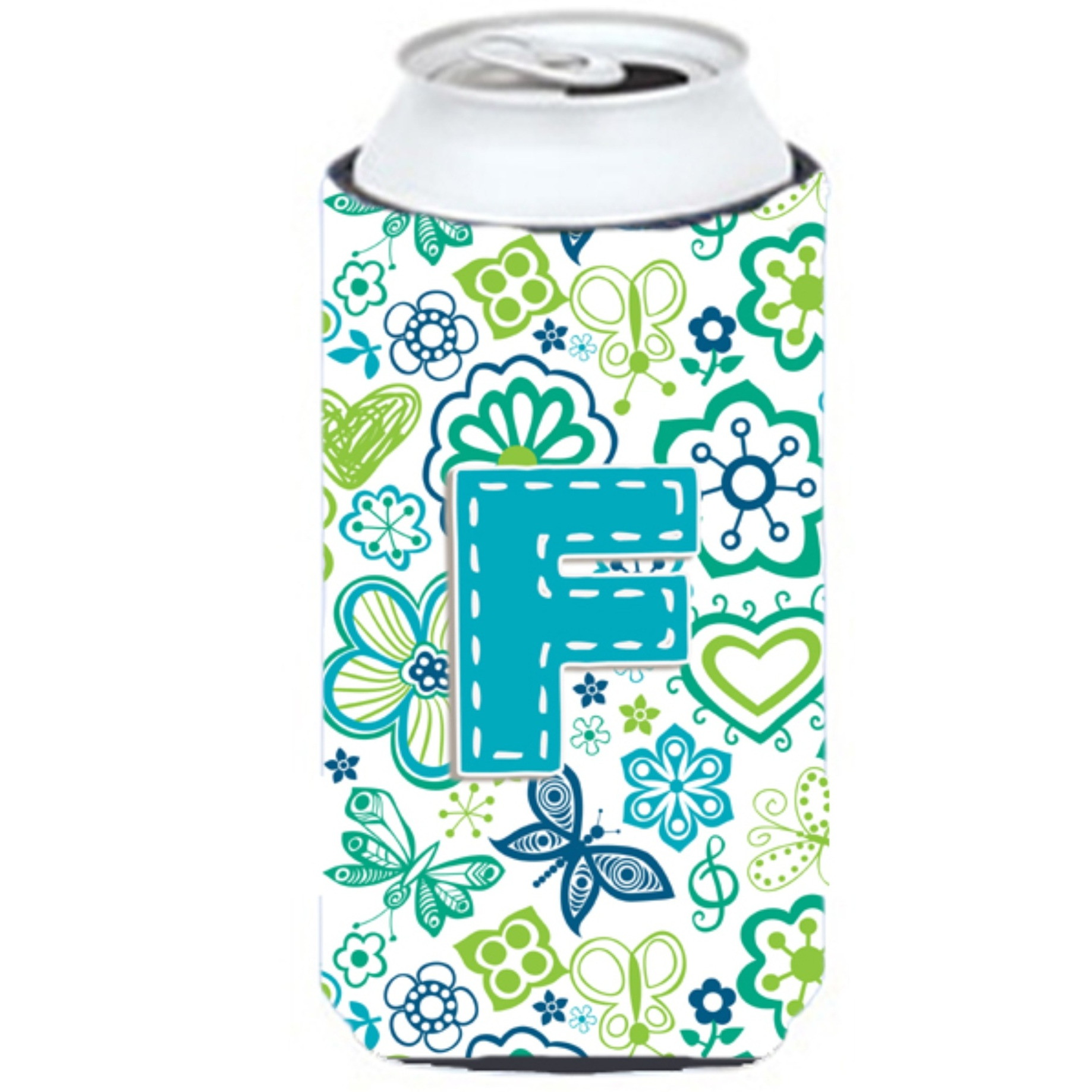 Letter F Flowers and Butterflies Teal Blue Tall Boy Beverage Insulator Hugger CJ2006-FTBC