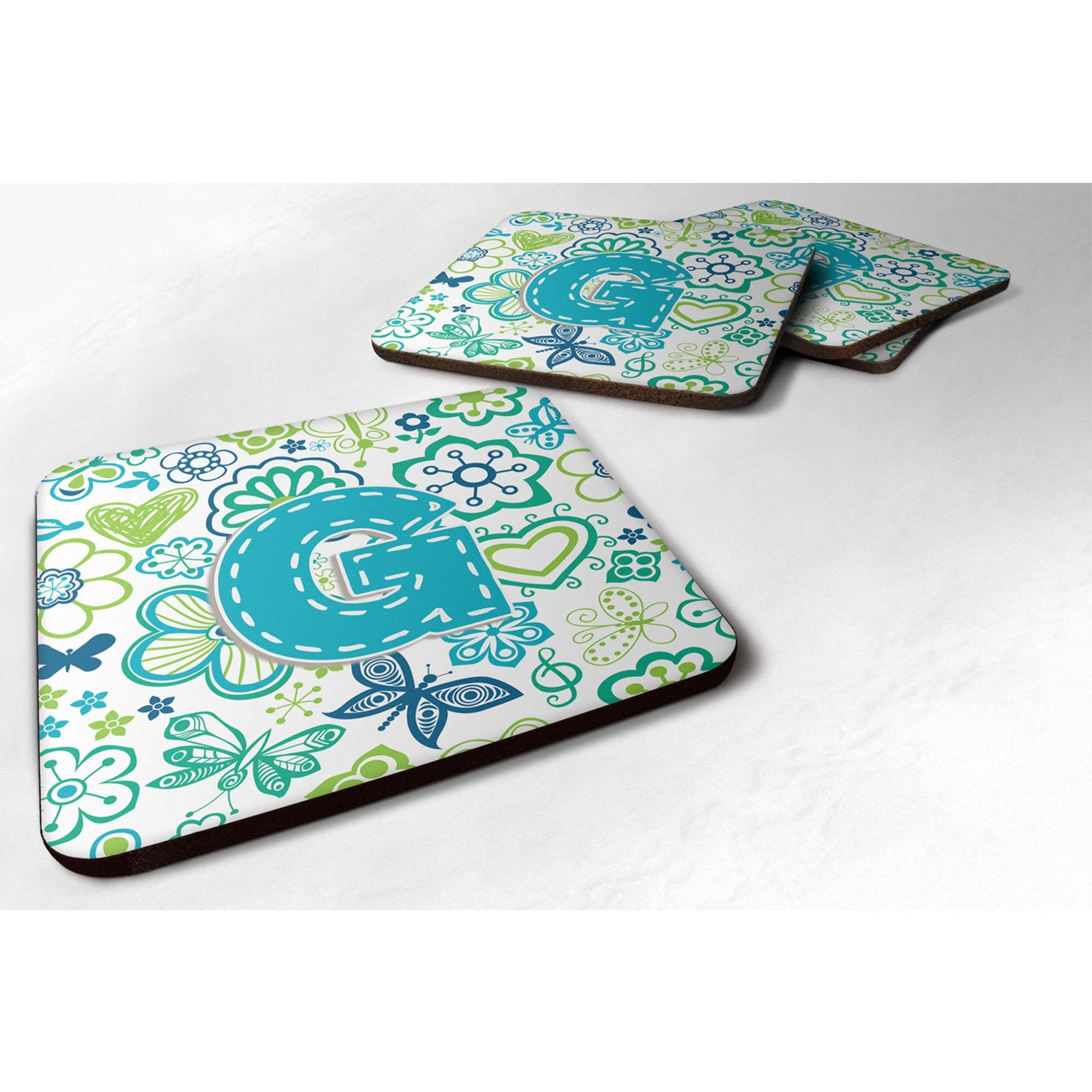&quotCaroline's Treasures CJ2006-GFC Letter G Flowers and Butterflies Teal Blue Foam Coasters (Set of 4), 3.5"", Multicolor"
