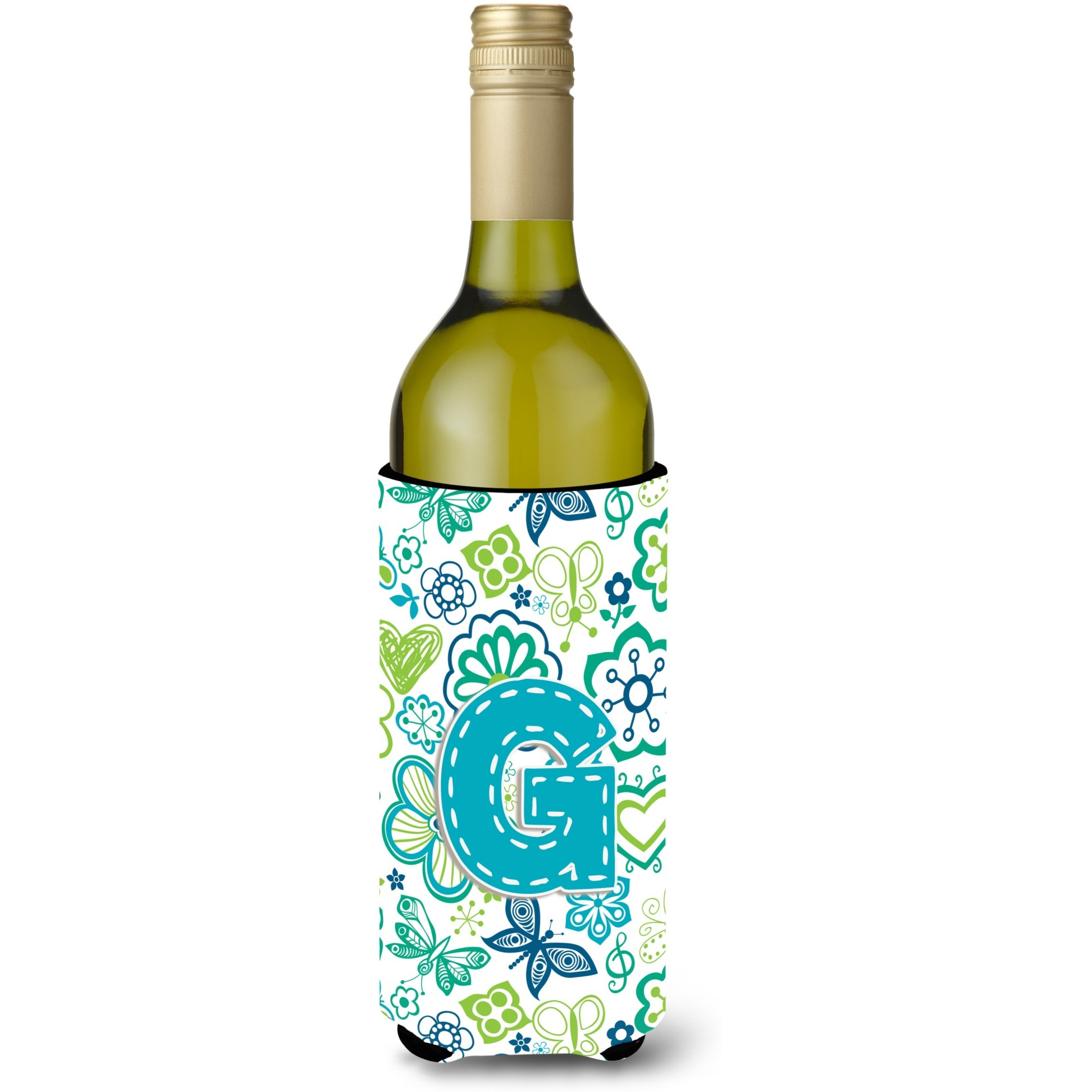 Letter G Flowers and Butterflies Teal Blue Wine Bottle Beverage Insulator Hugger CJ2006-GLITERK