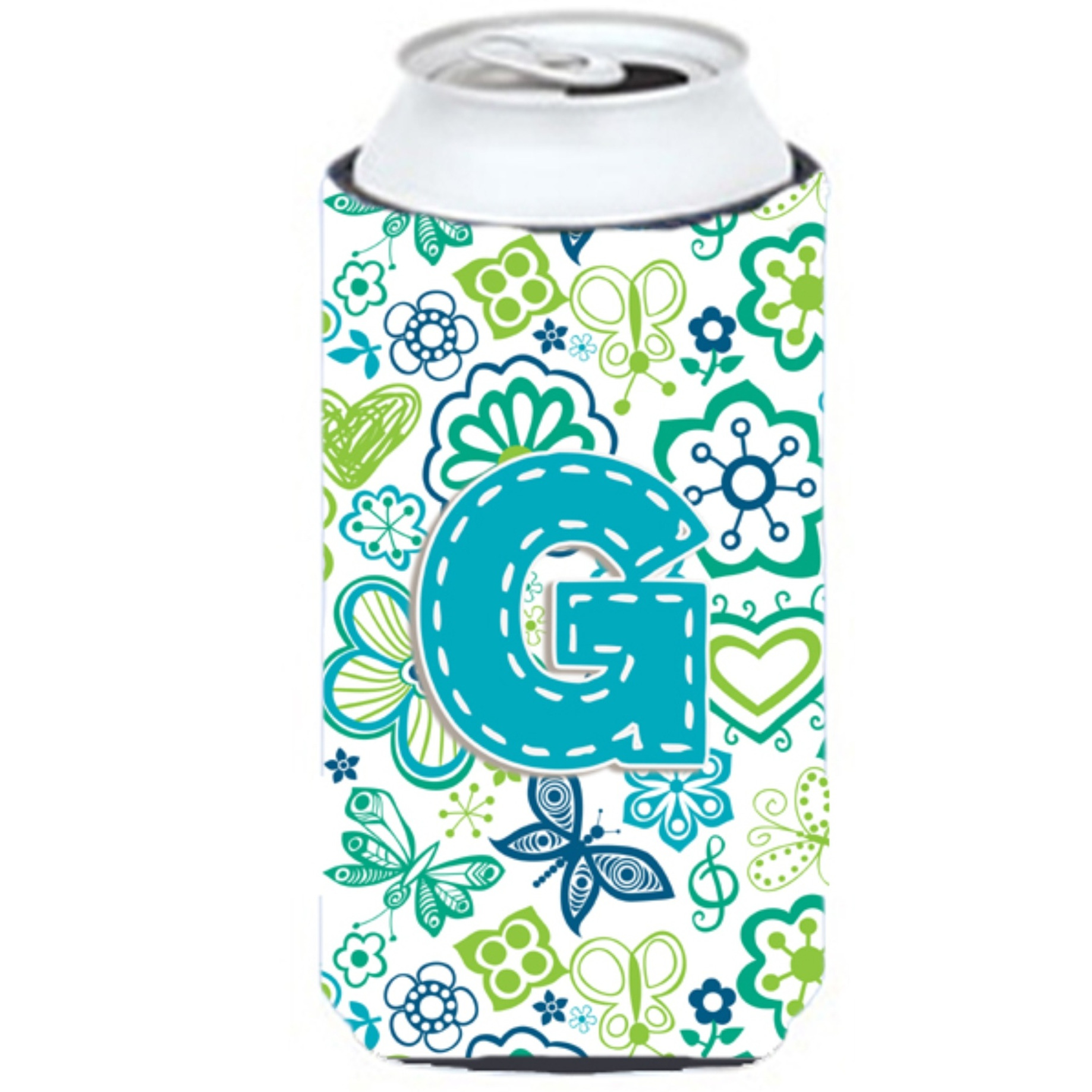 Letter G Flowers and Butterflies Teal Blue Tall Boy Beverage Insulator Hugger CJ2006-GTBC
