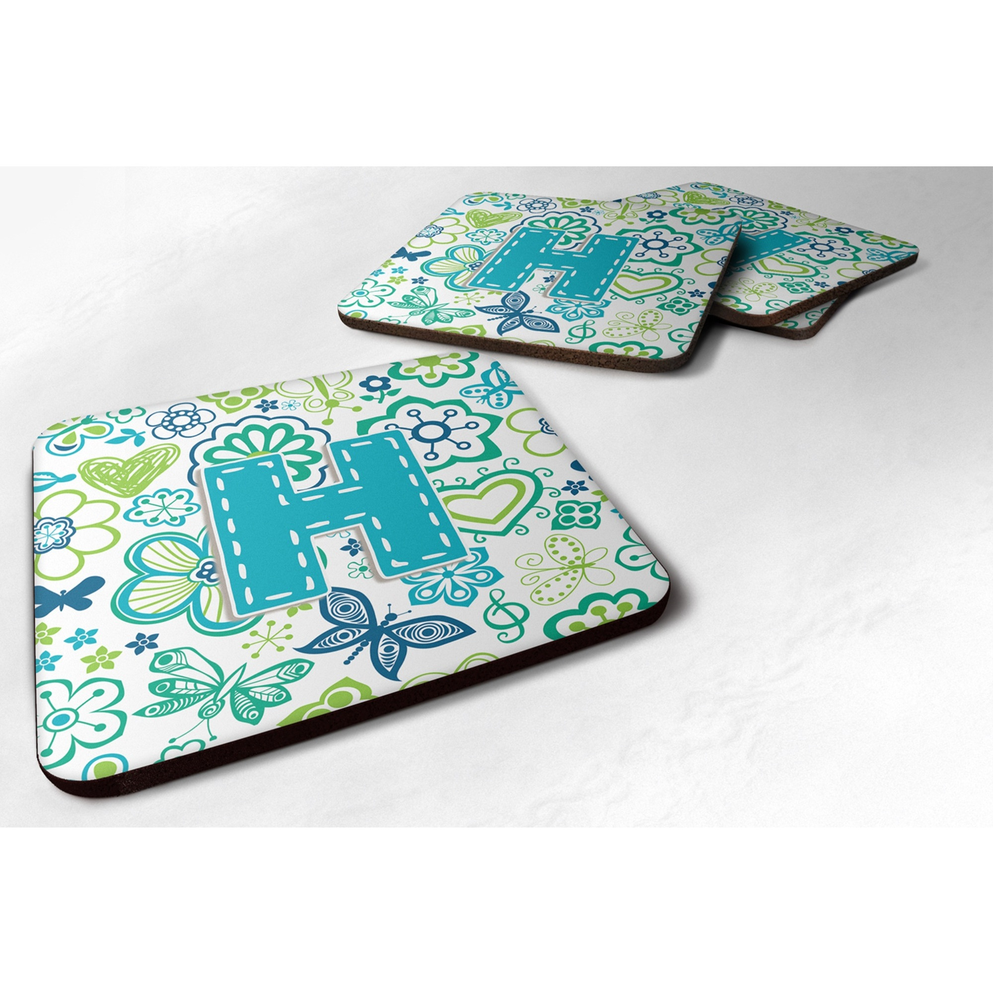 &quotCaroline's Treasures CJ2006-HFC Letter H Flowers and Butterflies Teal Blue Foam Coasters (Set of 4), 3.5"", Multicolor"