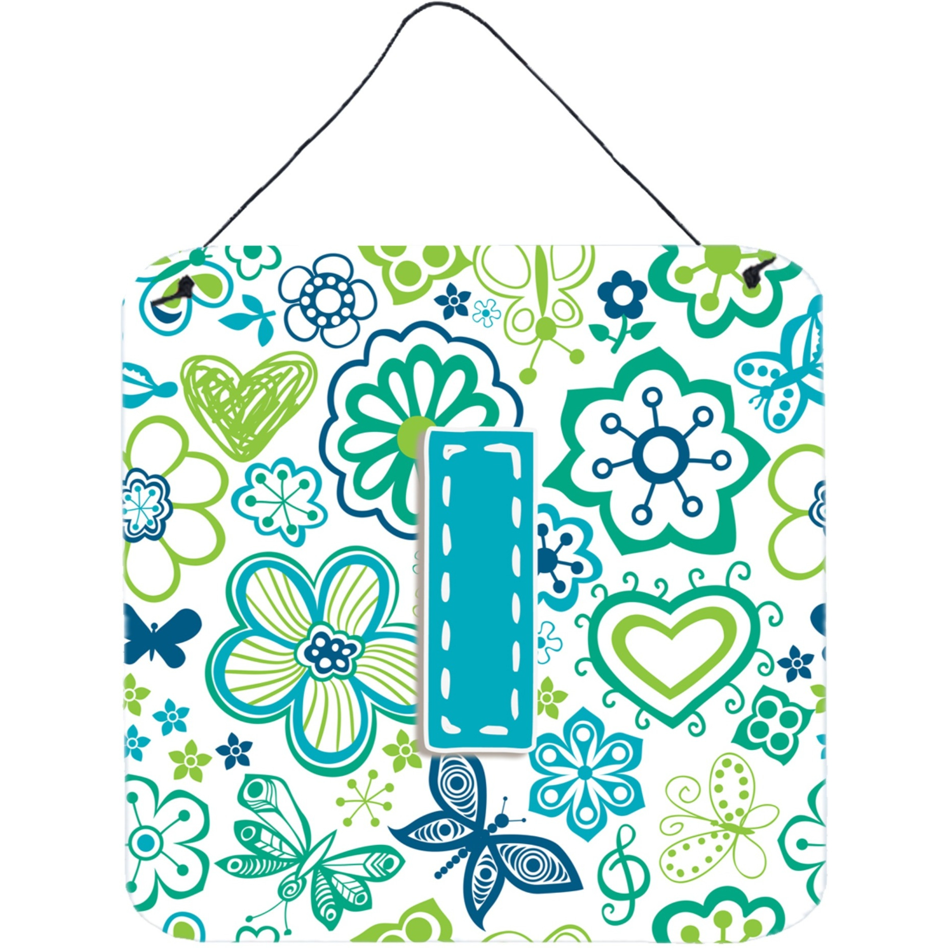 &quotCaroline's Treasures Letter I Flowers and Butterflies Teal Blue Wall or Door Hanging Prints, 6 x 6"""