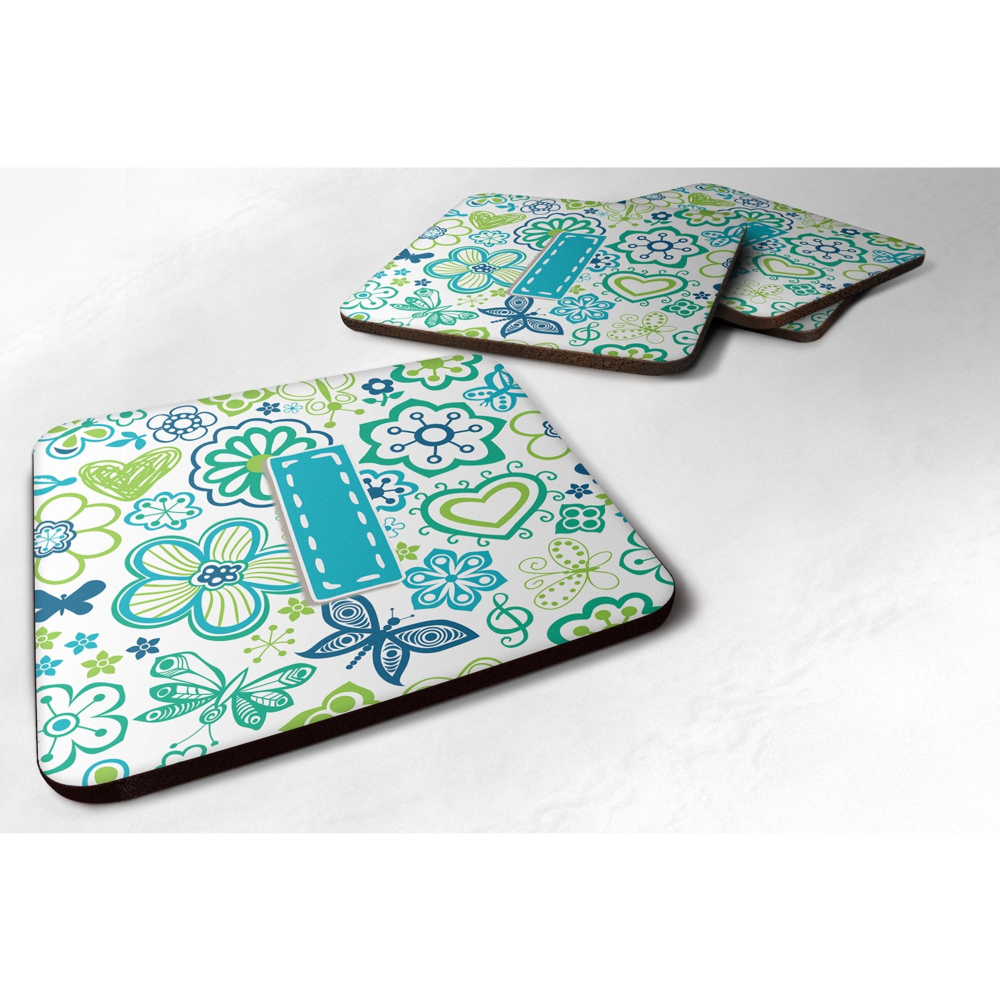 &quotCaroline's Treasures CJ2006-IFC Letter I Flowers and Butterflies Teal Blue Foam Coasters (Set of 4), 3.5"", Multicolor"