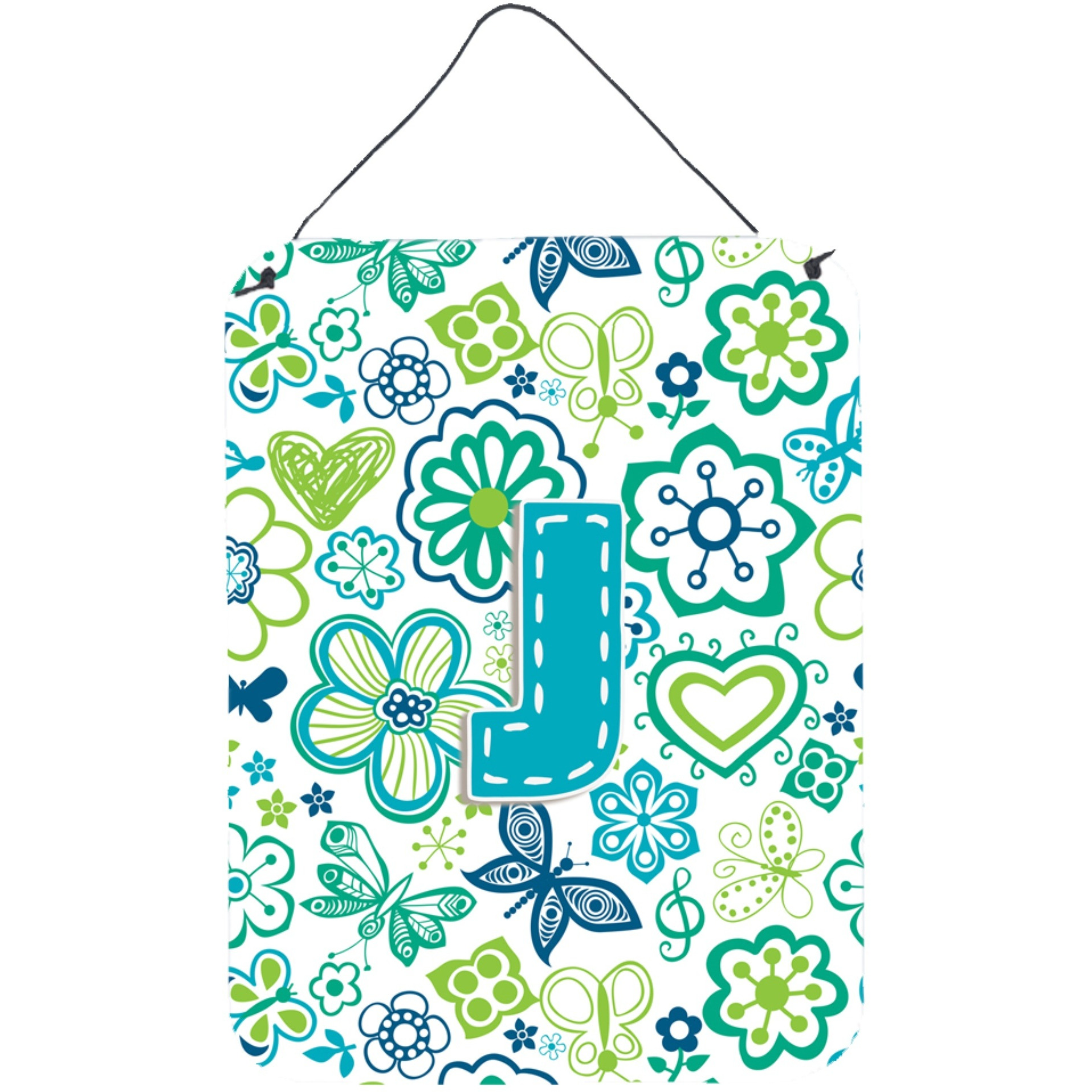 &quotCaroline's Treasures CJ2006-JDS1216 Letter J Flowers and Butterflies Teal Blue Wall or Door Hanging Prints, 16 x 12"", Multicolor"