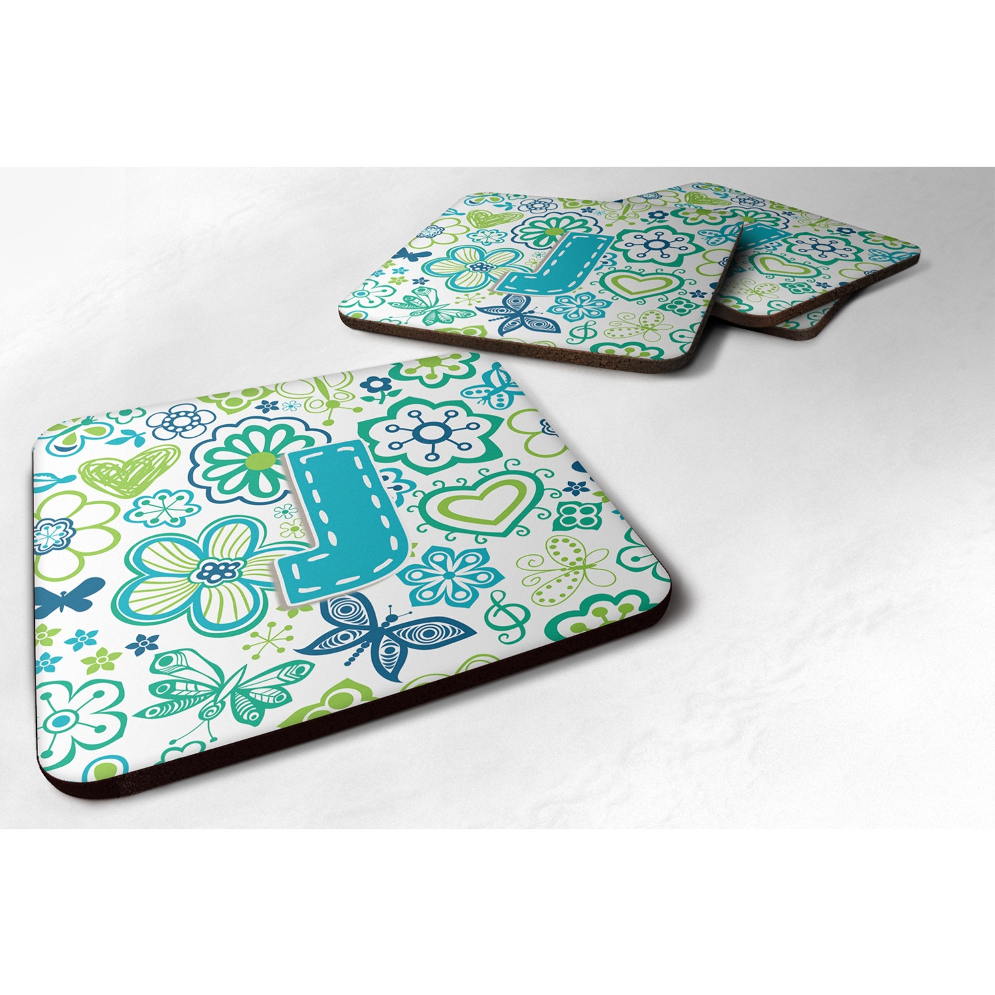 &quotCaroline's Treasures CJ2006-JFC Letter J Flowers and Butterflies Teal Blue Foam Coasters (Set of 4), 3.5"", Multicolor"