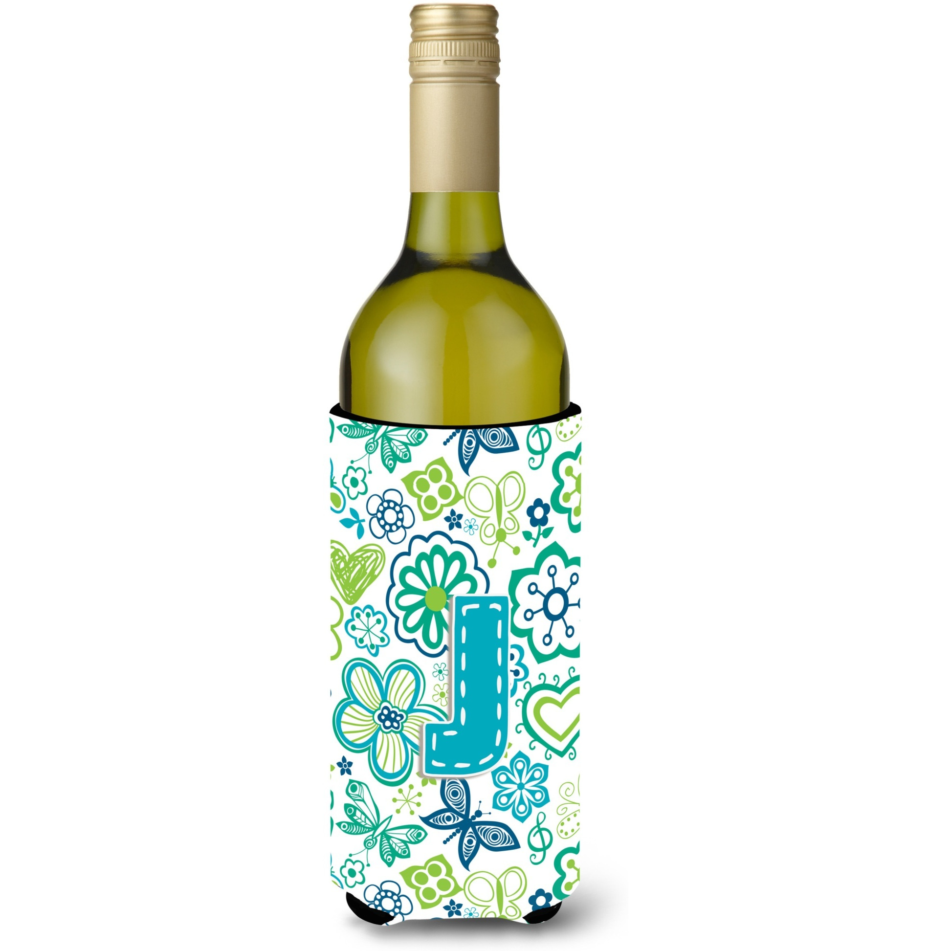 Letter J Flowers and Butterflies Teal Blue Wine Bottle Beverage Insulator Hugger CJ2006-JLITERK