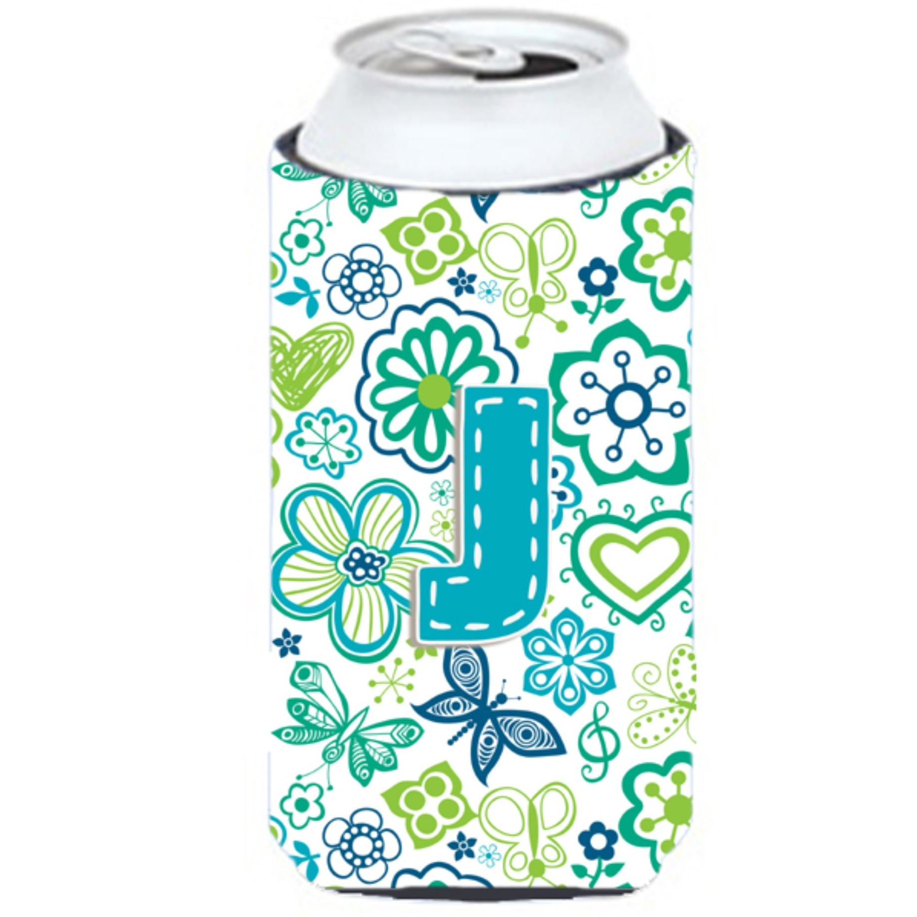 Letter J Flowers and Butterflies Teal Blue Tall Boy Beverage Insulator Hugger CJ2006-JTBC