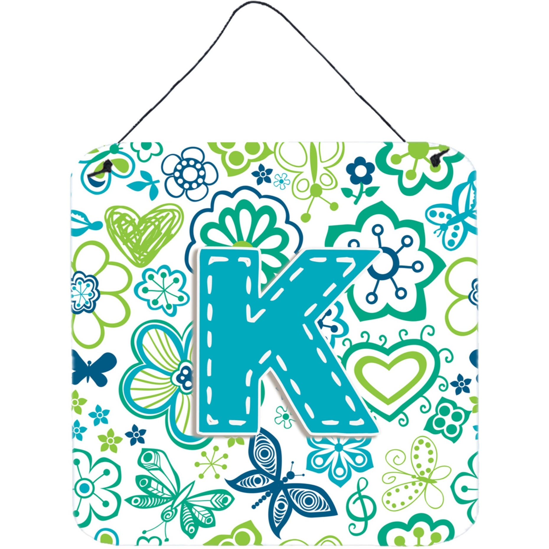 &quotCaroline's Treasures Letter K Flowers and Butterflies Teal Blue Wall or Door Hanging Prints, 6 x 6"""