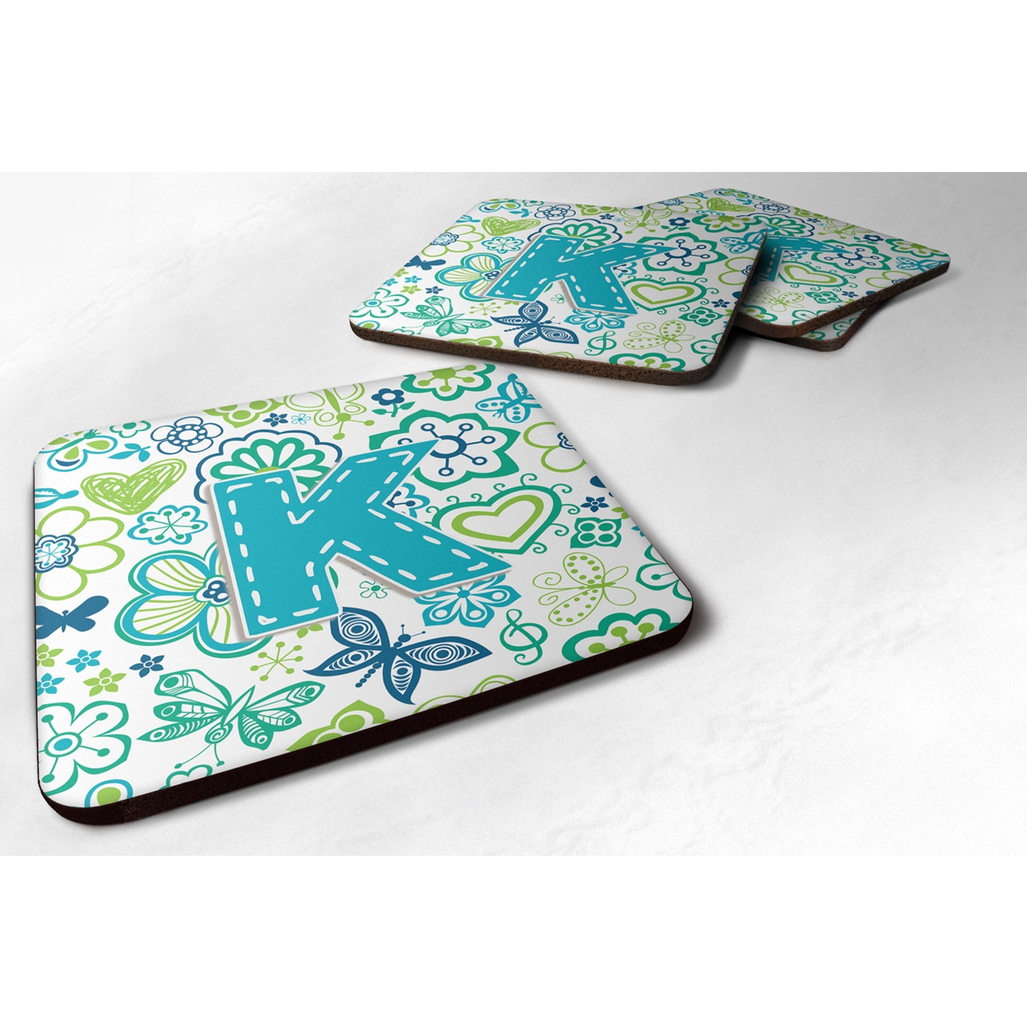 &quotCaroline's Treasures CJ2006-KFC Letter K Flowers and Butterflies Teal Blue Foam Coasters (Set of 4), 3.5"", Multicolor"