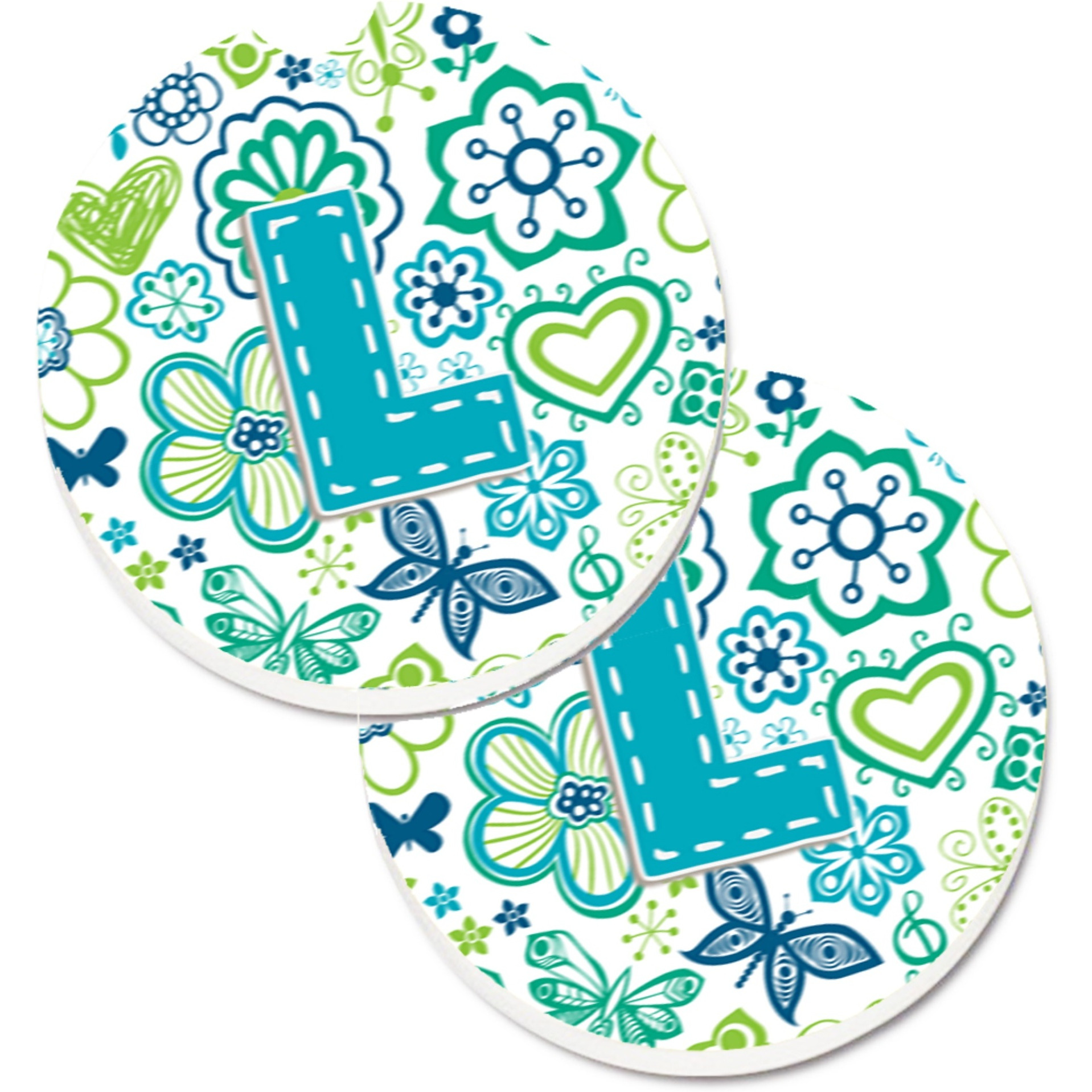 &quotCaroline's Treasures Letter L Flowers & Butterflies Teal Blue Set of 2 Cup Holder Car Coasters CJ2006-LCARC, 2.56, Multicolor"