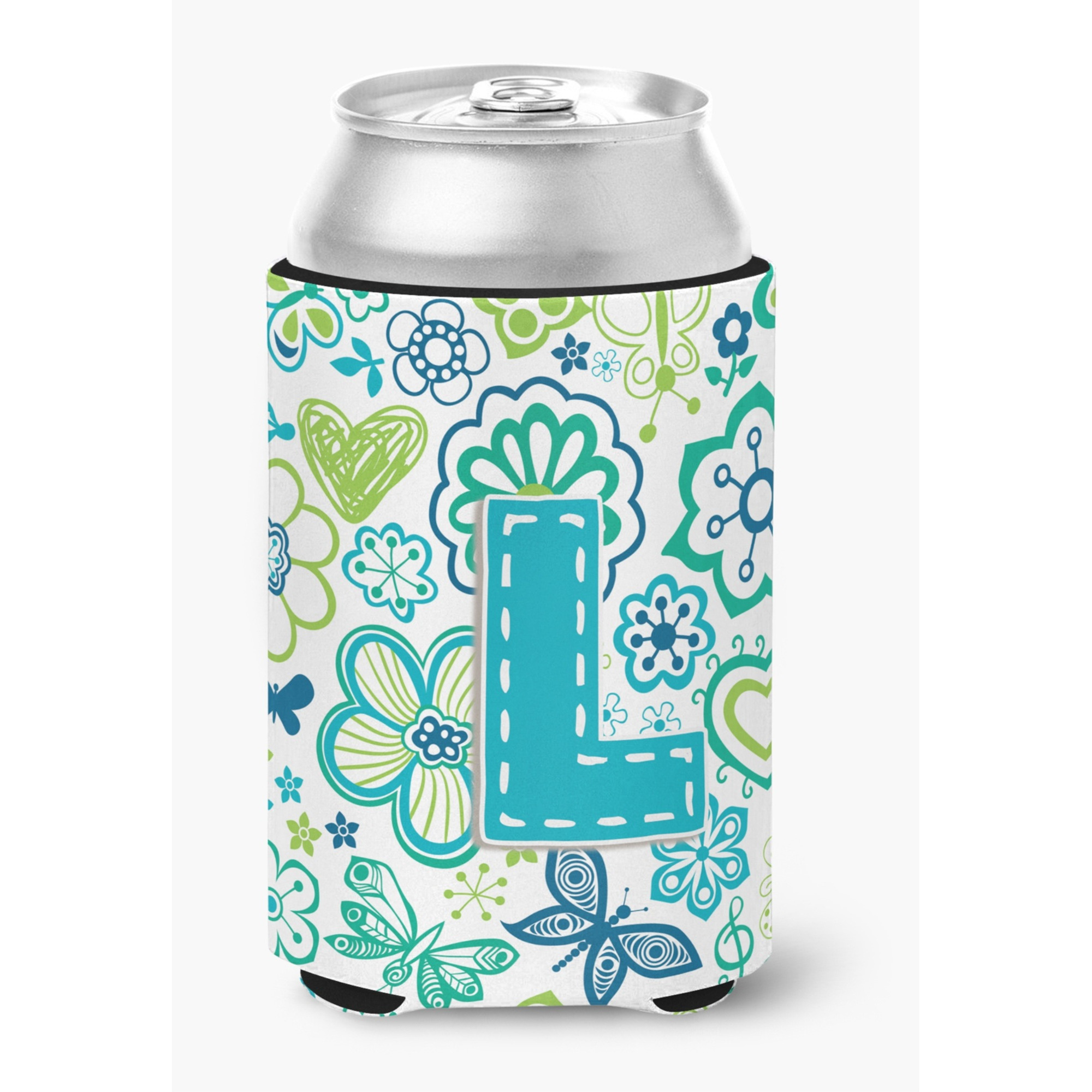 Letter L Flowers and Butterflies Teal Blue Can or Bottle Hugger CJ2006-LCC