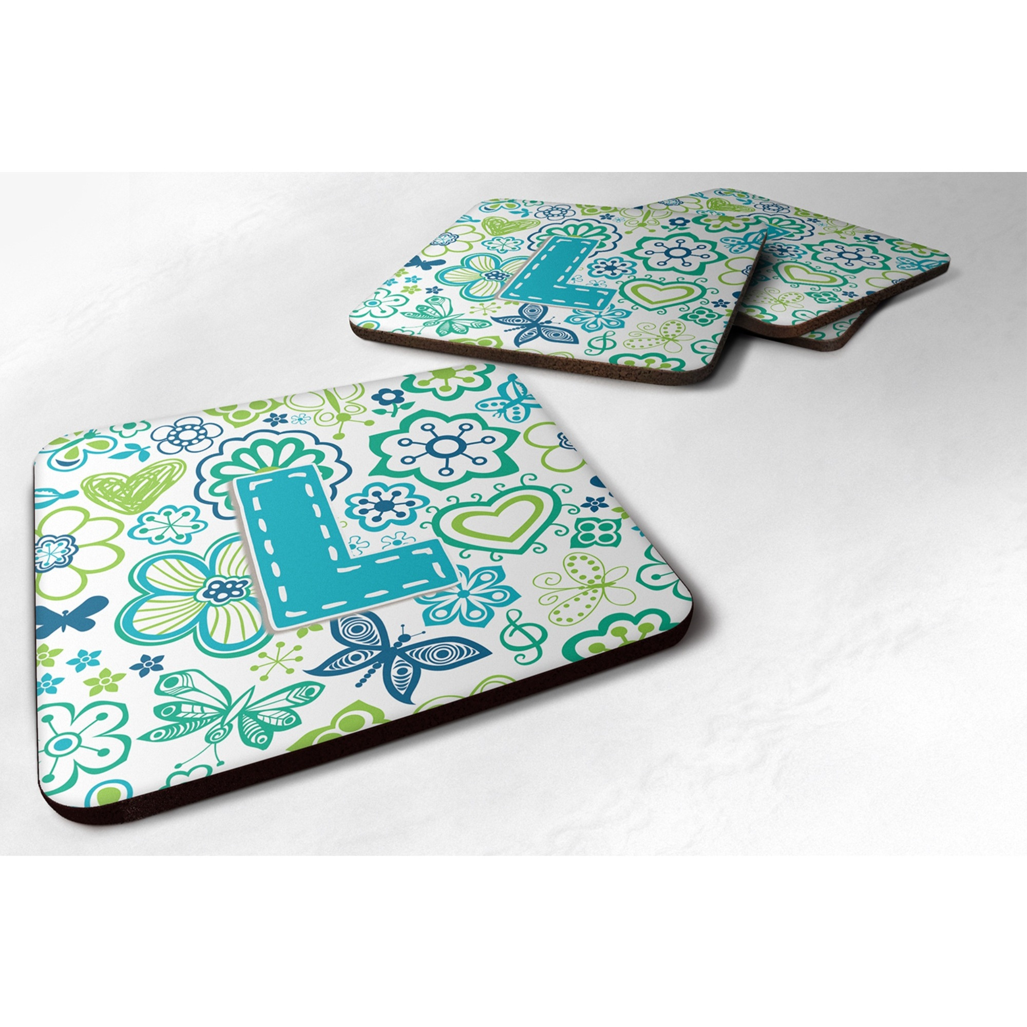 &quotCaroline's Treasures CJ2006-LFC Letter L Flowers and Butterflies Teal Blue Foam Coasters (Set of 4), 3.5"", Multicolor"