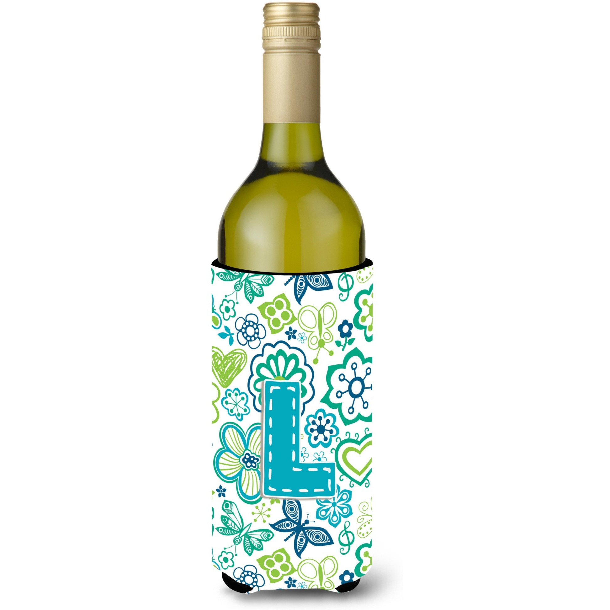 Letter L Flowers and Butterflies Teal Blue Wine Bottle Beverage Insulator Hugger CJ2006-LLITERK