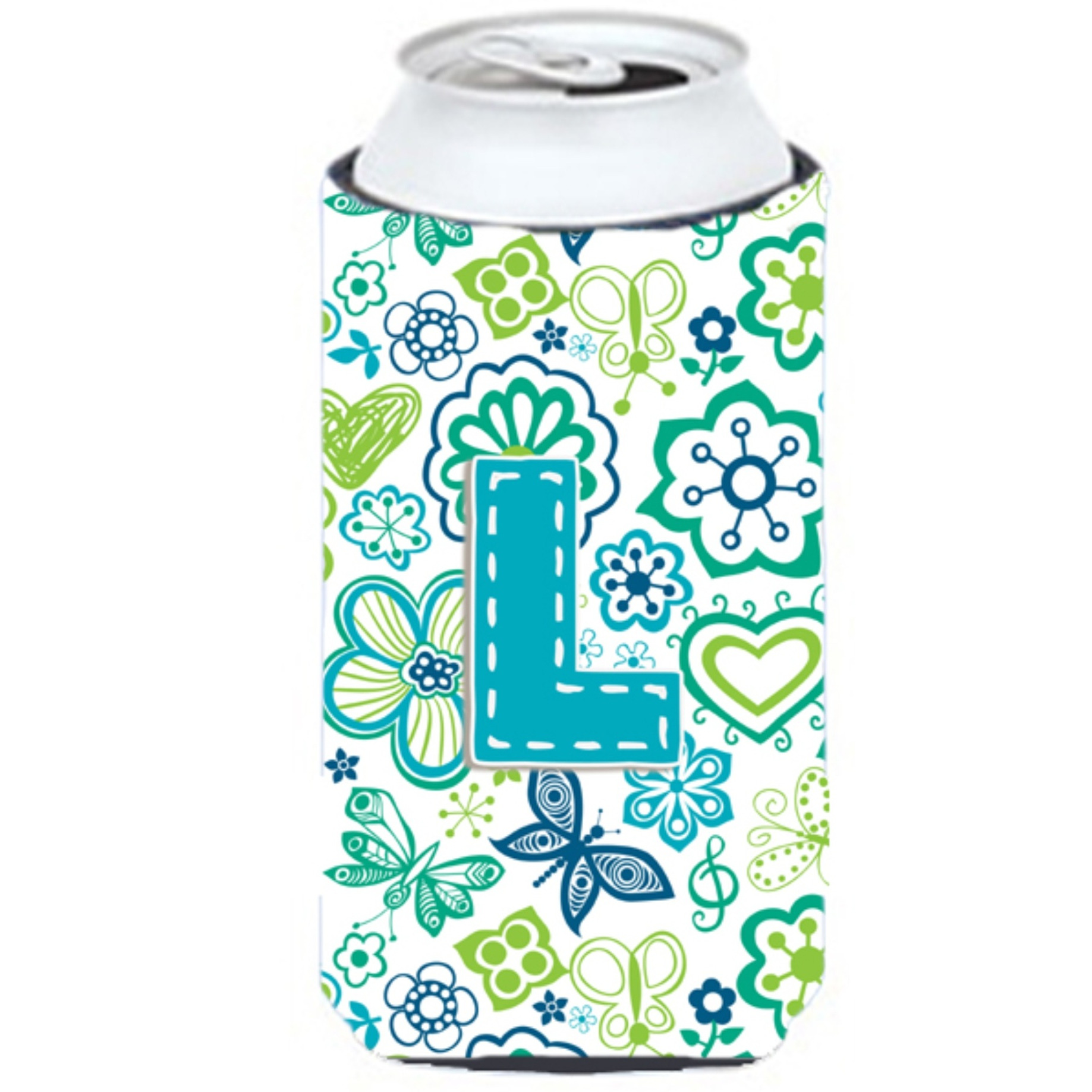 Letter L Flowers and Butterflies Teal Blue Tall Boy Beverage Insulator Hugger CJ2006-LTBC