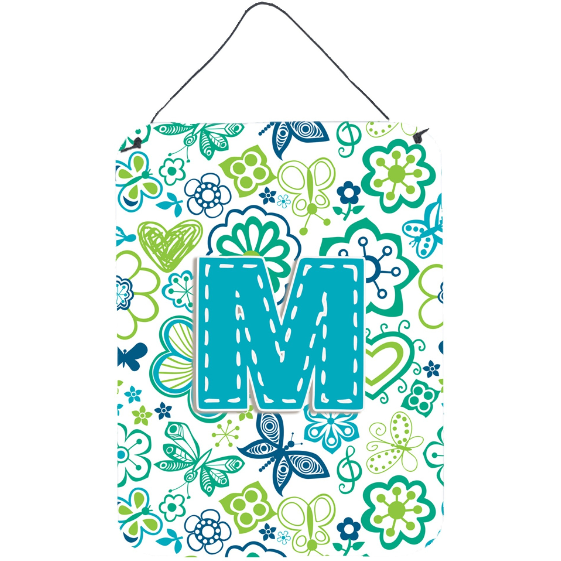 &quotCaroline's Treasures CJ2006-MDS1216 Letter M Flowers and Butterflies Teal Blue Wall or Door Hanging Prints, 16 x 12"", Multicolor"
