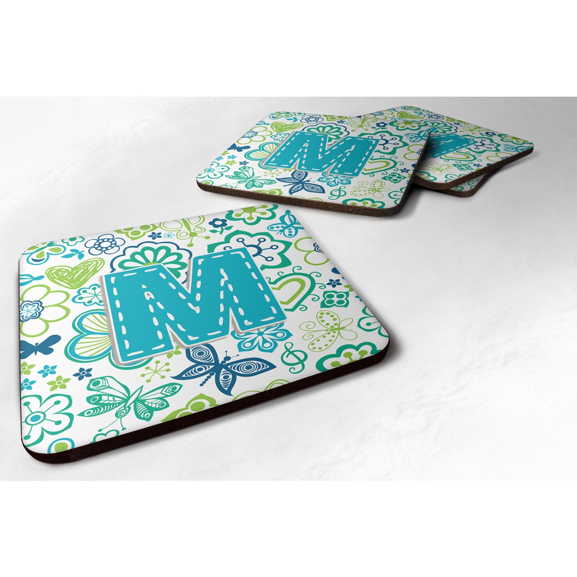 &quotCaroline's Treasures CJ2006-MFC Letter M Flowers and Butterflies Teal Blue Foam Coasters (Set of 4), 3.5"", Multicolor"