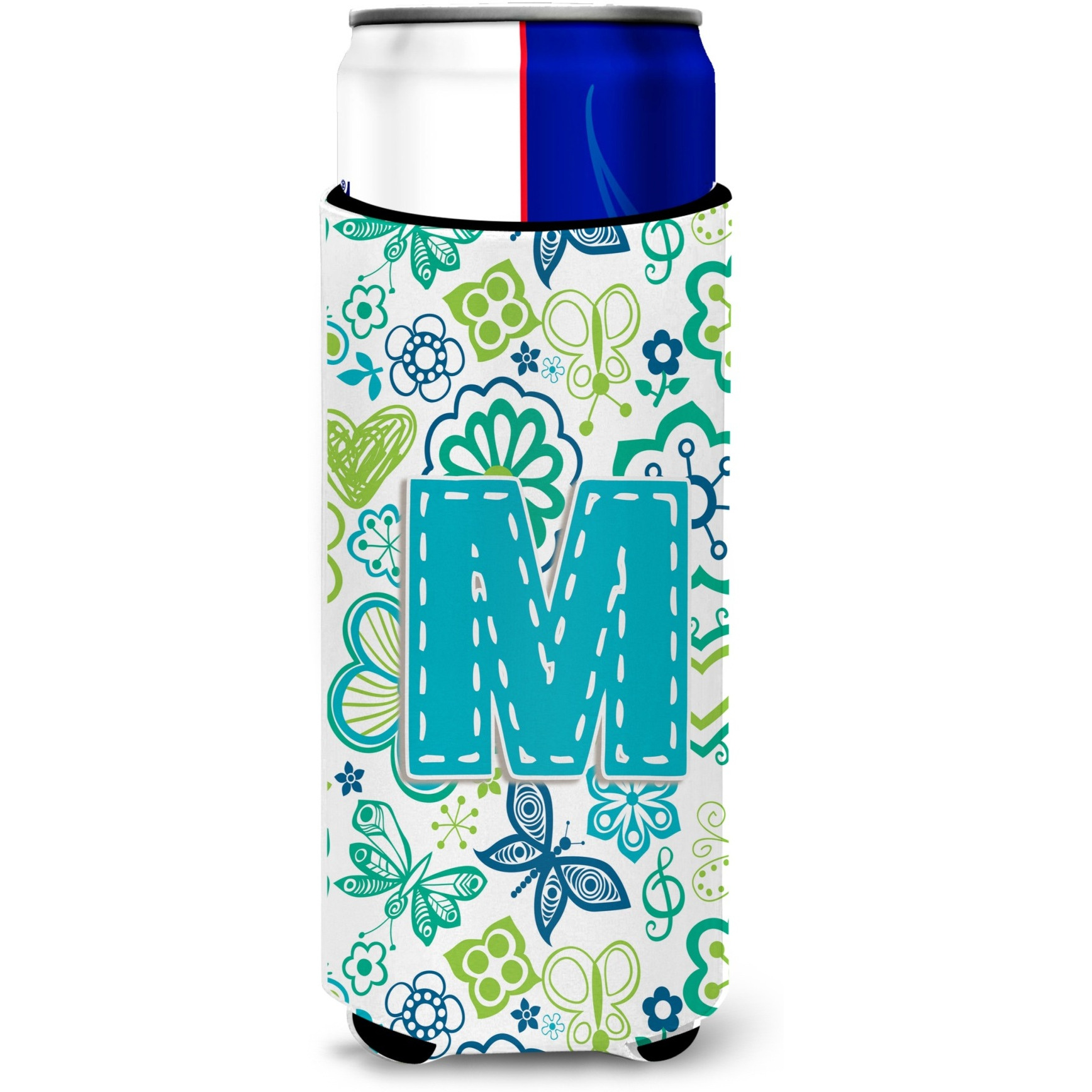 Letter M Flowers and Butterflies Teal Blue Ultra Beverage Insulators for slim cans CJ2006-MMUK