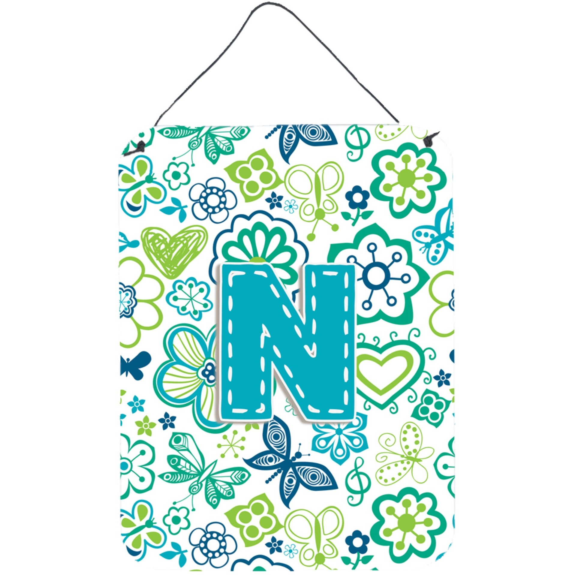 &quotCaroline's Treasures CJ2006-NDS1216 Letter N Flowers and Butterflies Teal Blue Wall or Door Hanging Prints, 16 x 12"", Multicolor"