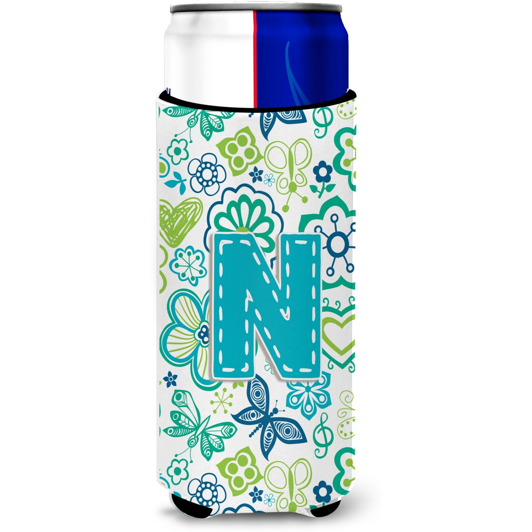 Letter N Flowers and Butterflies Teal Blue Ultra Beverage Insulators for slim cans CJ2006-NMUK
