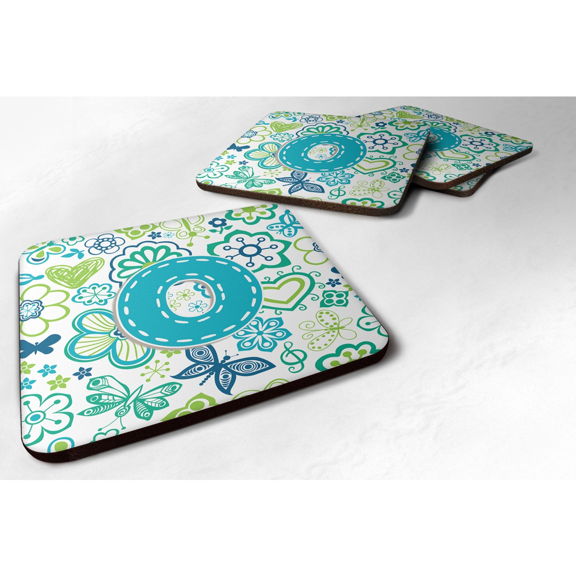 &quotCaroline's Treasures CJ2006-OFC Letter O Flowers and Butterflies Teal Blue Foam Coasters (Set of 4), 3.5"", Multicolor"