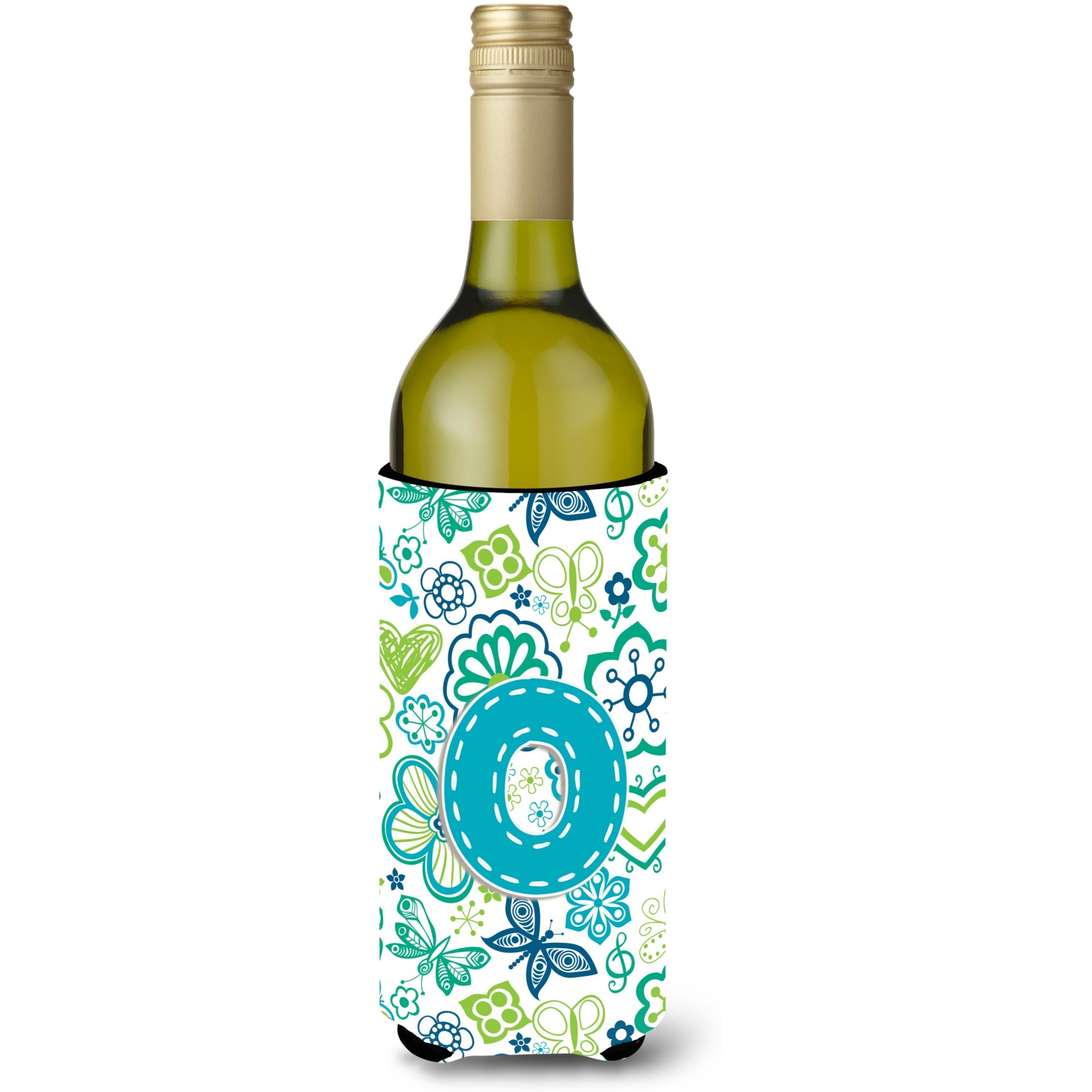 Letter O Flowers and Butterflies Teal Blue Wine Bottle Beverage Insulator Hugger CJ2006-OLITERK